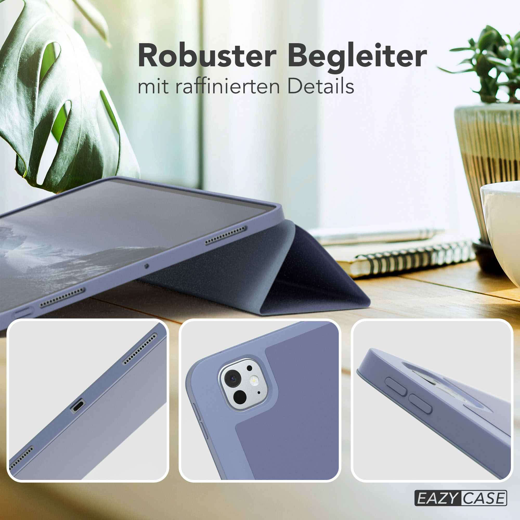 Eine Tablet-Hülle mit teilweiser Ansicht eines Tablets und Nahaufnahmen von Hüllendetails. Text oben: 'Robuster Begleiter'.