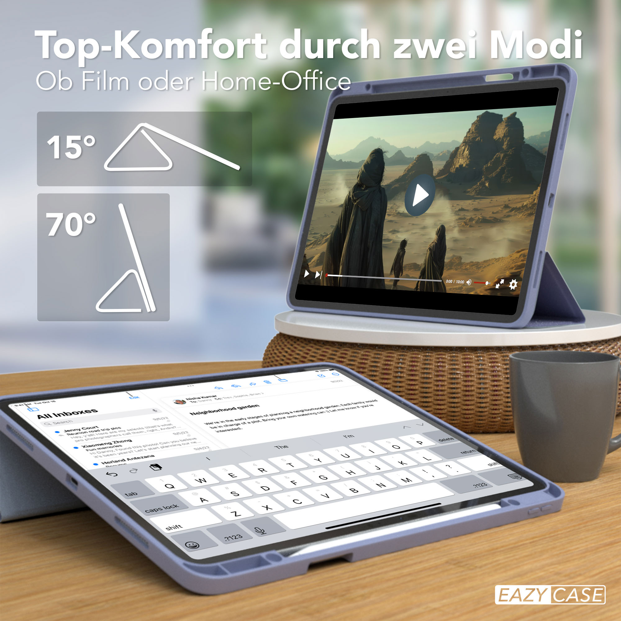 Tisch mit zwei Tablets, die einen Film und E-Mails zeigen. In der Nähe steht eine Tasse.