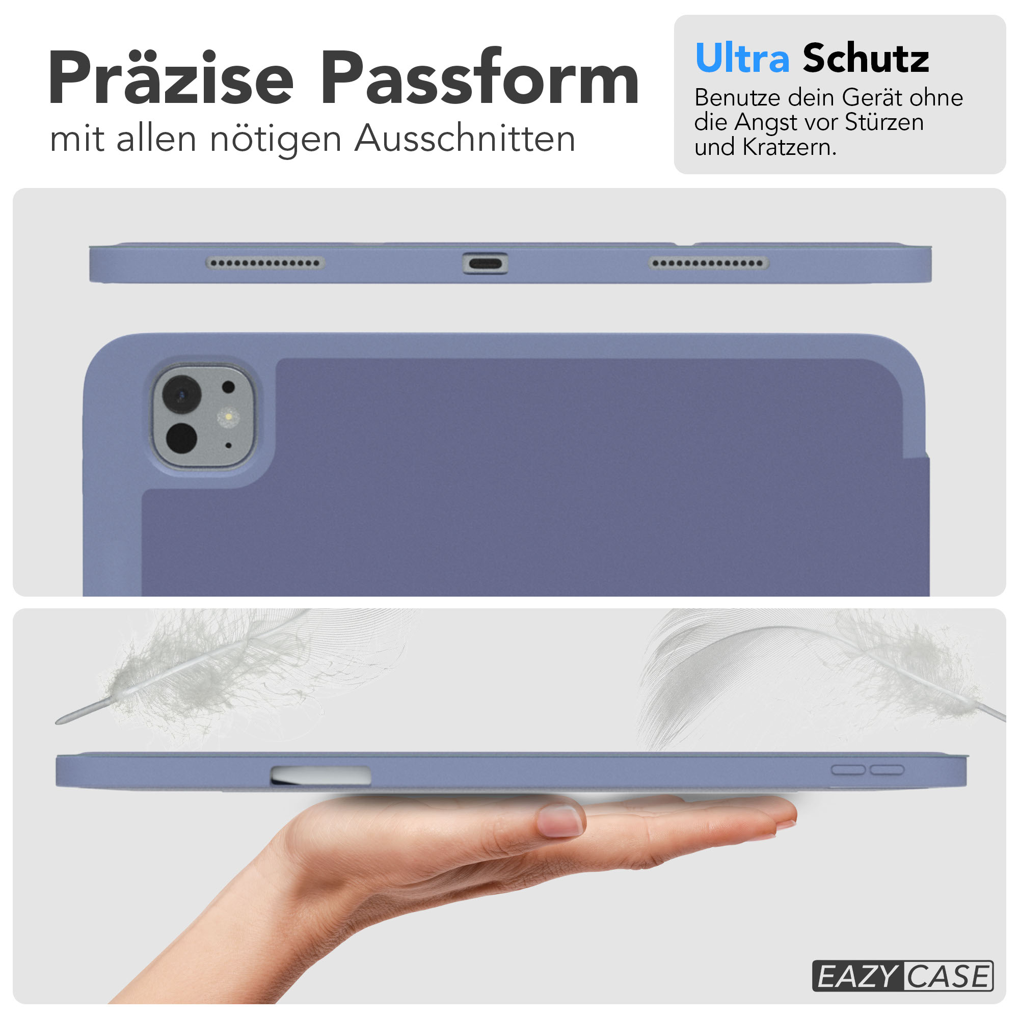 Eine blaue Tablethülle wird in drei Ansichten gezeigt. Eine Hand hält die Hülle. Federn sind im Hintergrund. Text ist oben.