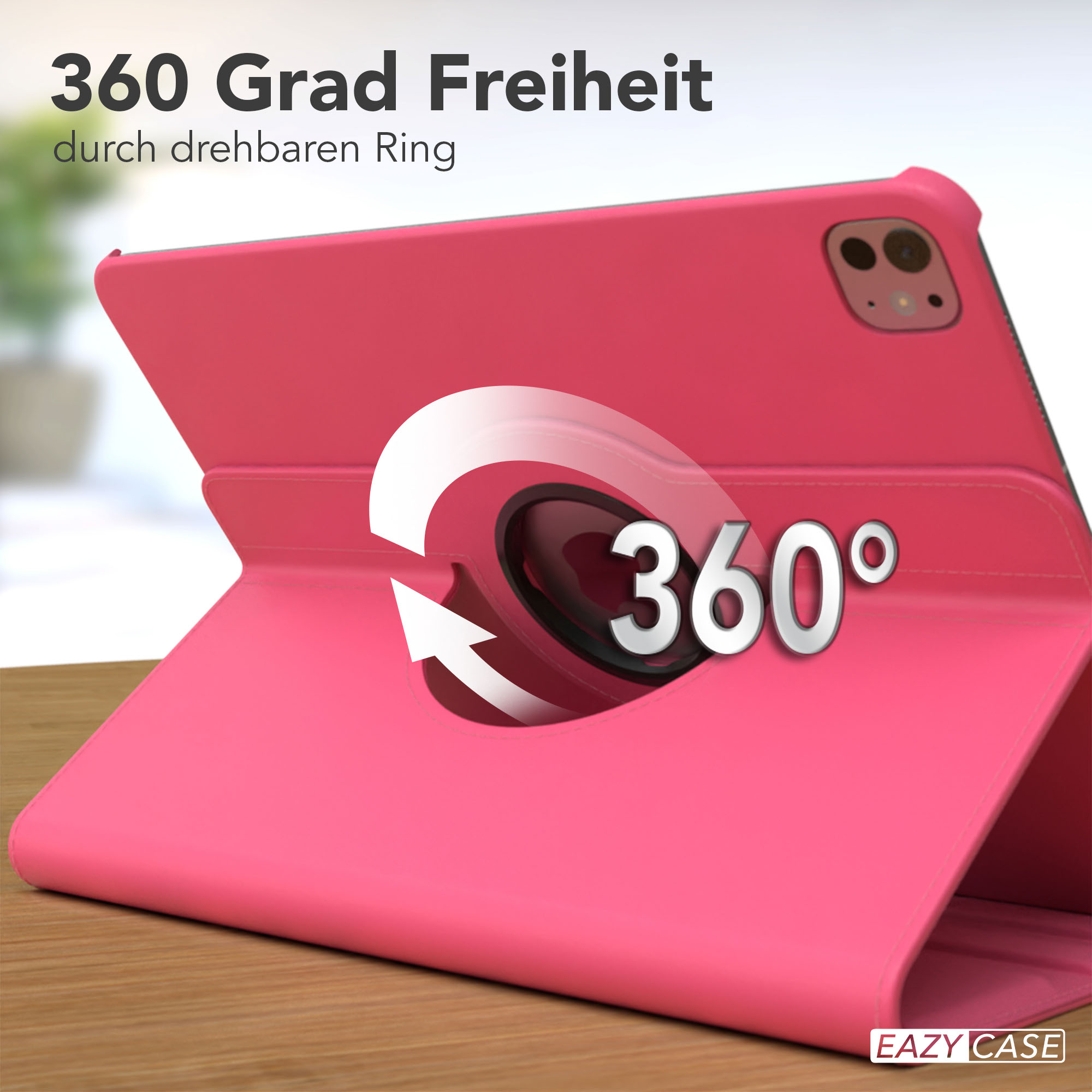 Eine rosa Tablethülle mit drehbarem Ring. Das Bild zeigt eine 360-Grad-Drehfunktion.
