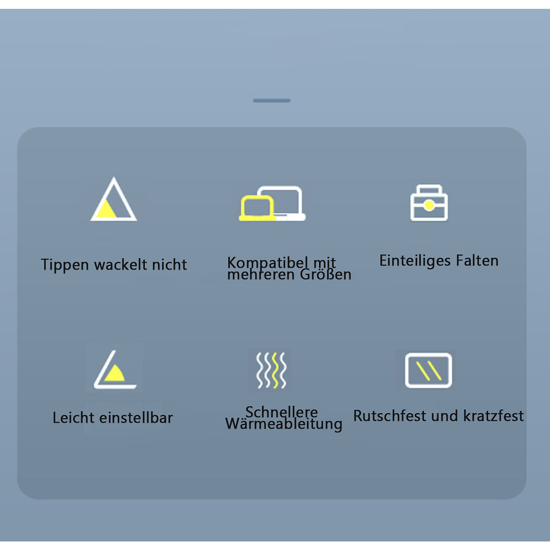 Grafik mit Symbolen und Text, der Funktionen beschreibt: stabiles Tippen, kompatible Größen, einteiliges Falten, einfache Einstellung, Wärmeableitung, kratzfest.