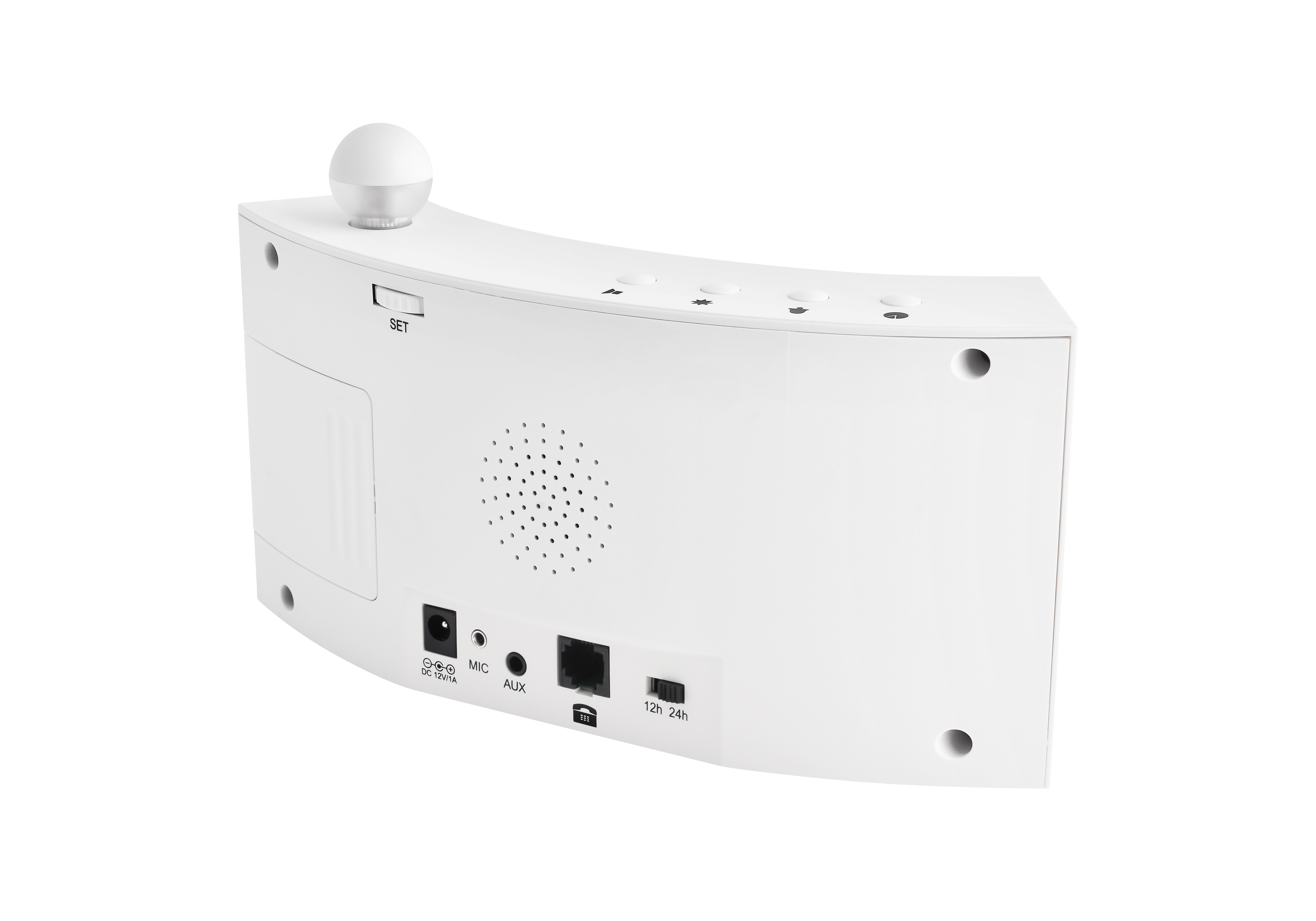 Wecker in Weiß mit abgerundeter Form, Knöpfen, Anschlüssen, Lautsprecher und Sensor. Isoliert auf weißem Hintergrund.