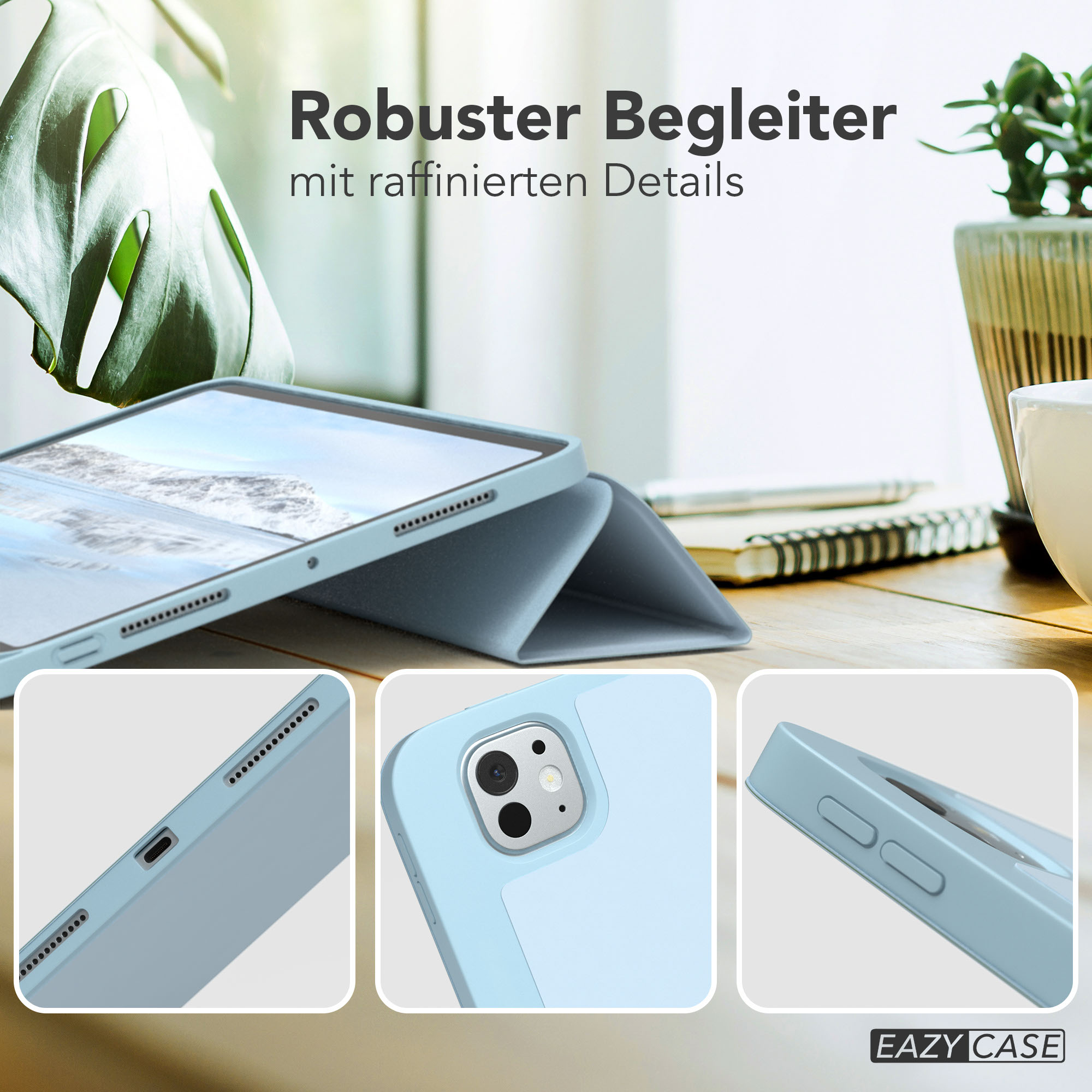 Eine Tablethülle, mit Teilansicht eines Blattes und einer Pflanze, und Text: Robuster Begleiter mit raffinierten Details.