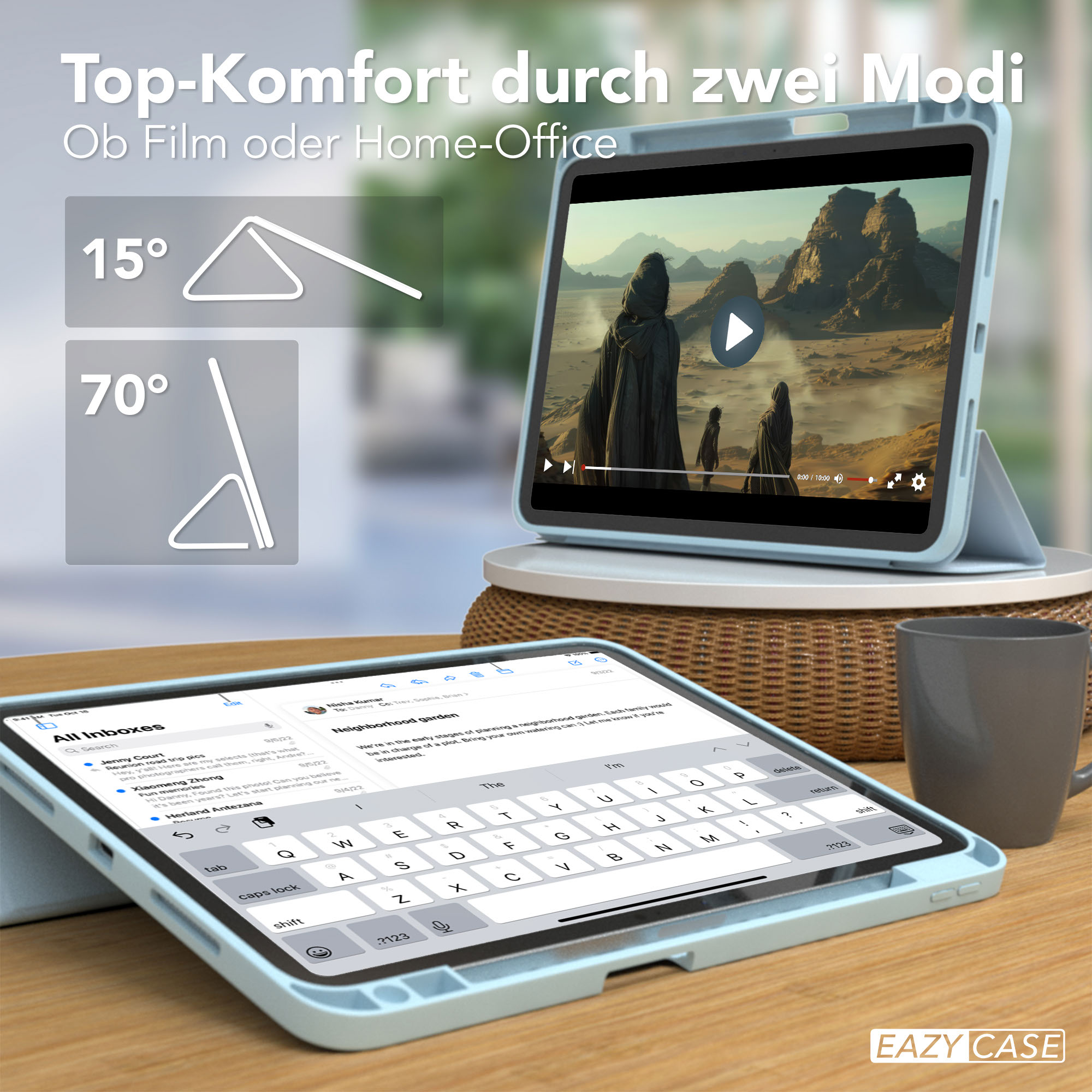 Ein Tablet in hellblauer Hülle zeigt Video und E-Mail. Ein Becher steht daneben. Der Text oben lautet 'Top-Komfort'.