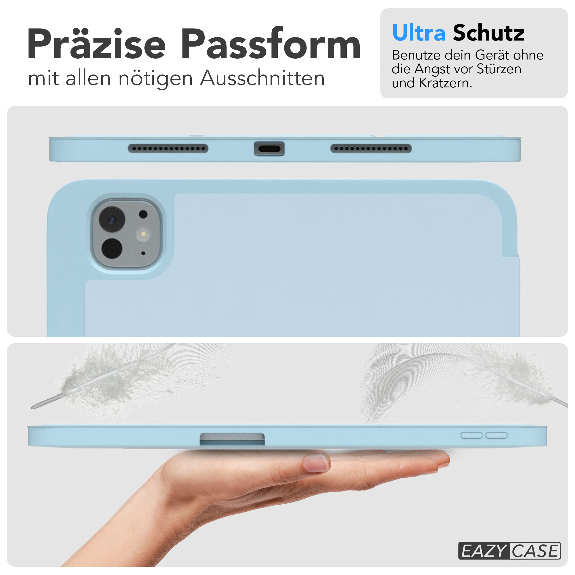 Hellblaue Tablethülle mit Aussparungen, gehalten von einer Hand. Eine Feder ist im Hintergrund.
