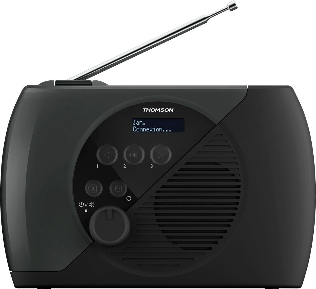 Una radio Thomson nera con antenna. Lo schermo mostra 'Jam. Connexion...'. Controlli: pulsanti e manopola del volume. L'altoparlante è visibile.
