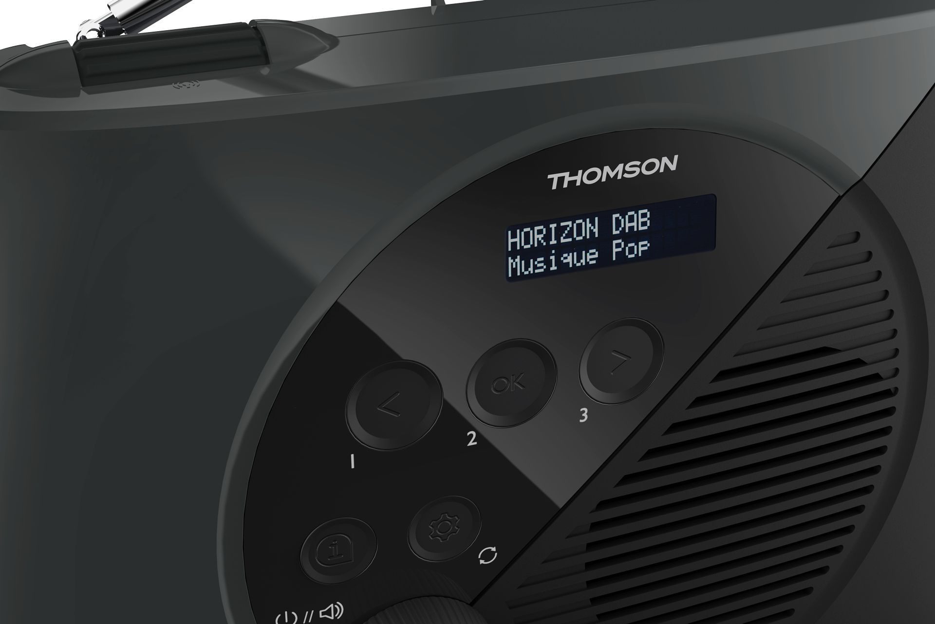Radio Thomson nera. Il display mostra 'HORIZON DAB Musique Pop'. Ha pulsanti con numeri e frecce direzionali.