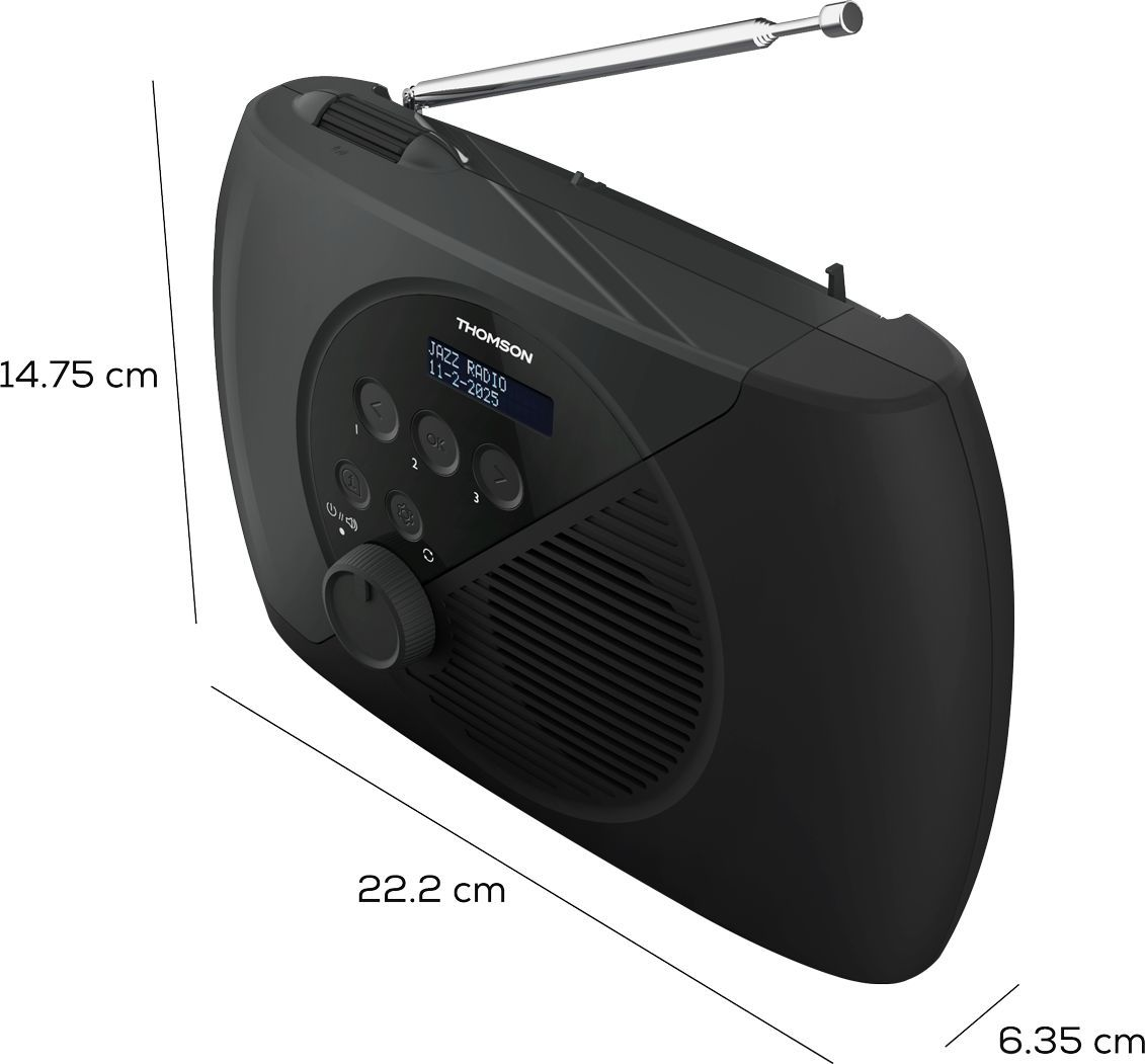 Una radio Thomson Jazz nera con display della data. Dimensioni: 14,75 cm altezza, 22,2 cm larghezza e 6,35 cm profondità.
