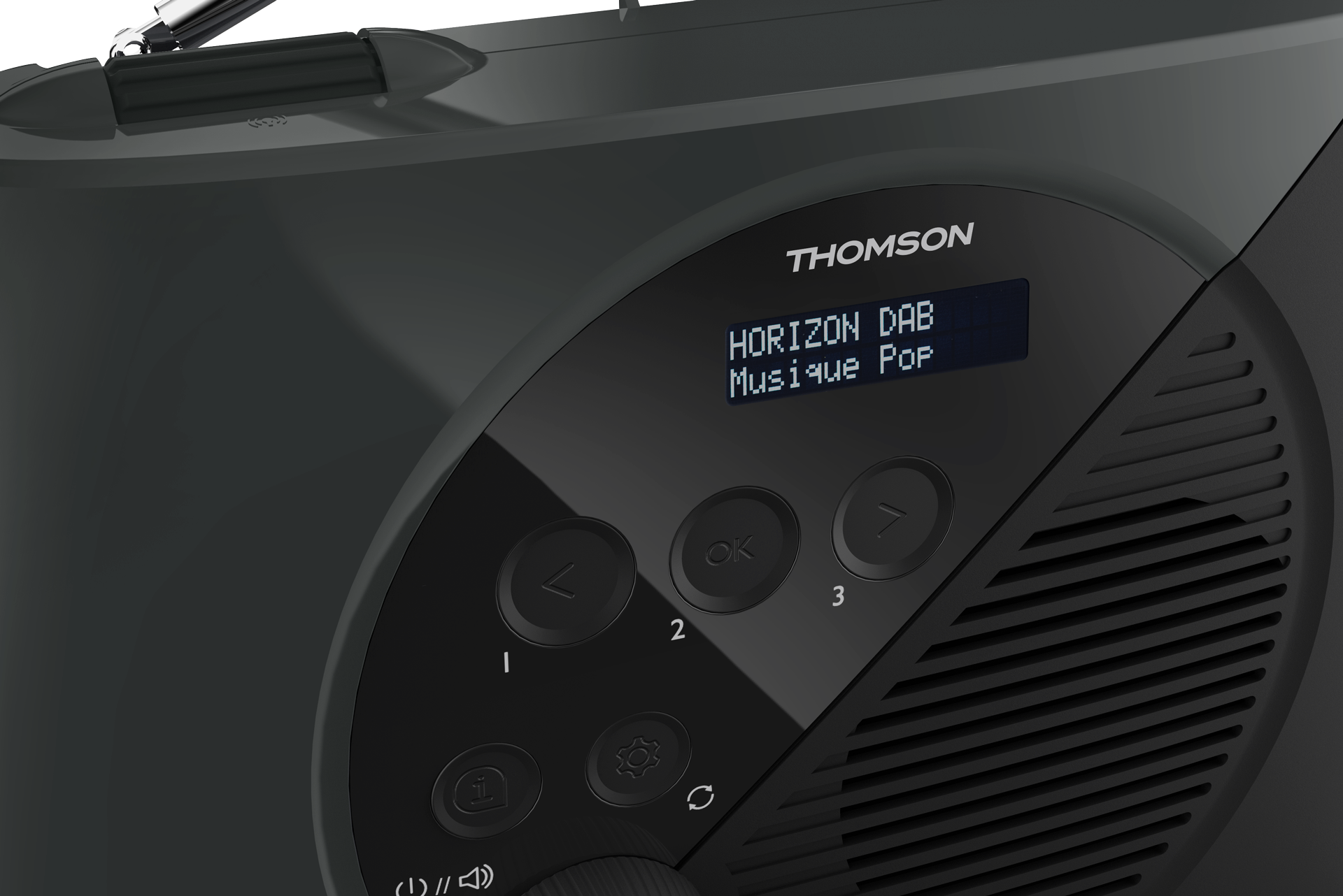Radio Thomson nera. Il display mostra 'HORIZON DAB Musique Pop'. I comandi includono pulsanti e una griglia per altoparlanti.