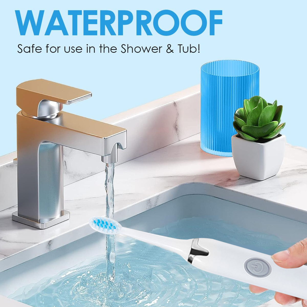 Eine Badezimmerszene zeigt einen Wasserhahn mit fließendem Wasser, eine Zahnbürste, einen blauen Becher und eine Pflanze. Das Wort WATERPROOF ist geschrieben.