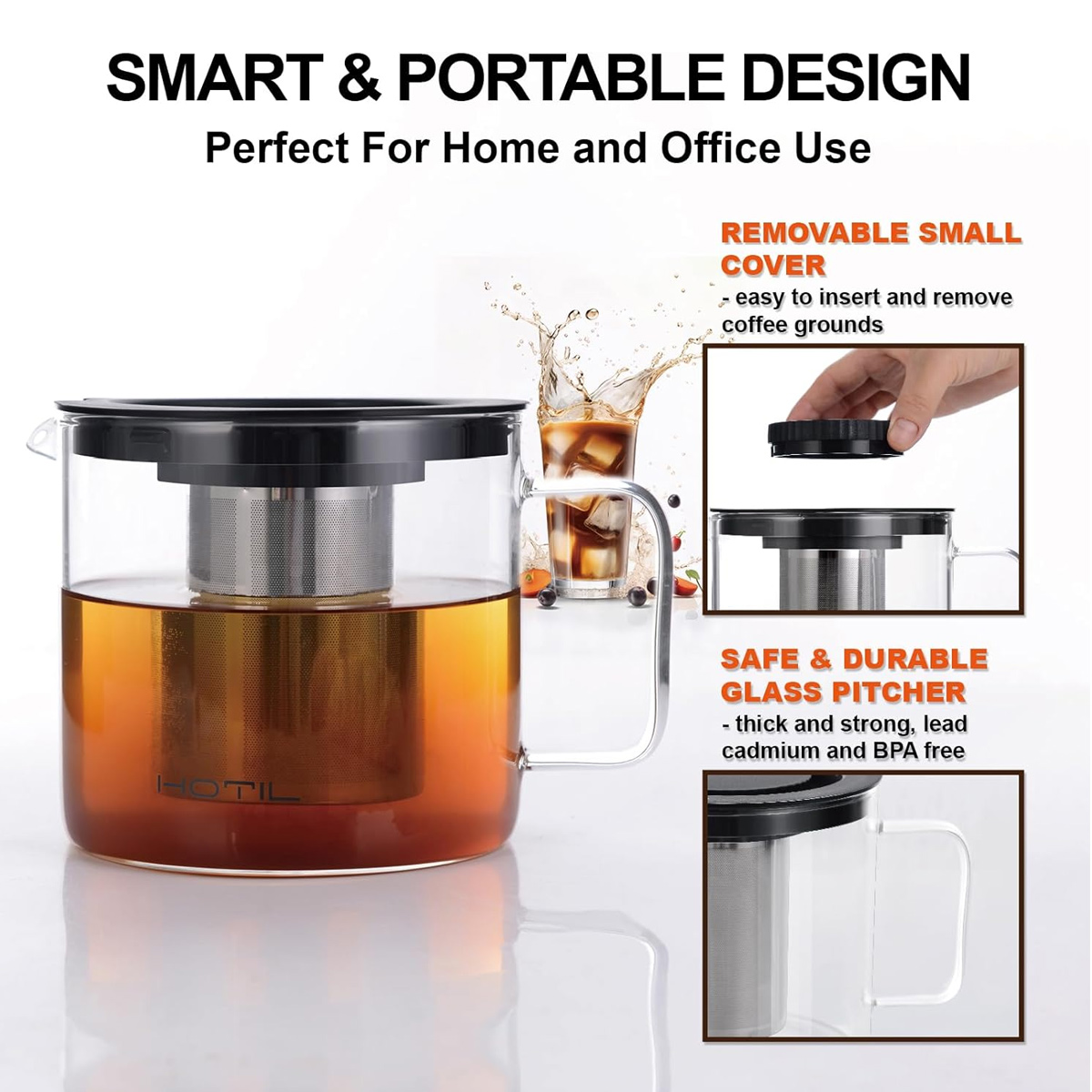 Glaskanne mit Tee, Deckel, und Text: 'SMART & PORTABLE DESIGN'. Ein Glas Eistee ist im Hintergrund zu sehen.