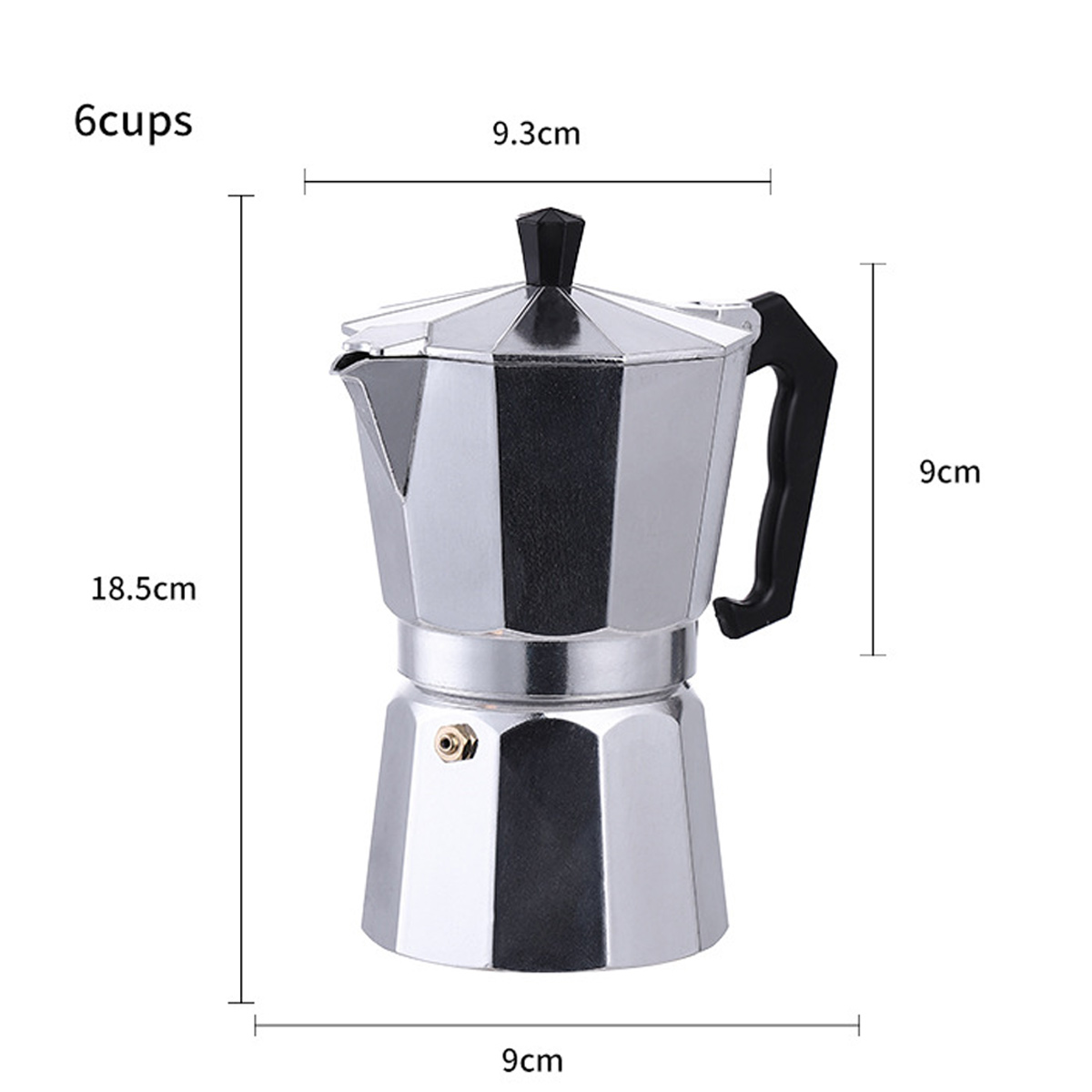 Eine silberne Espressokanne mit schwarzem Griff. Maße: 6 Tassen, 18,5 cm hoch, 9,3 cm breit und 9 cm Griff.