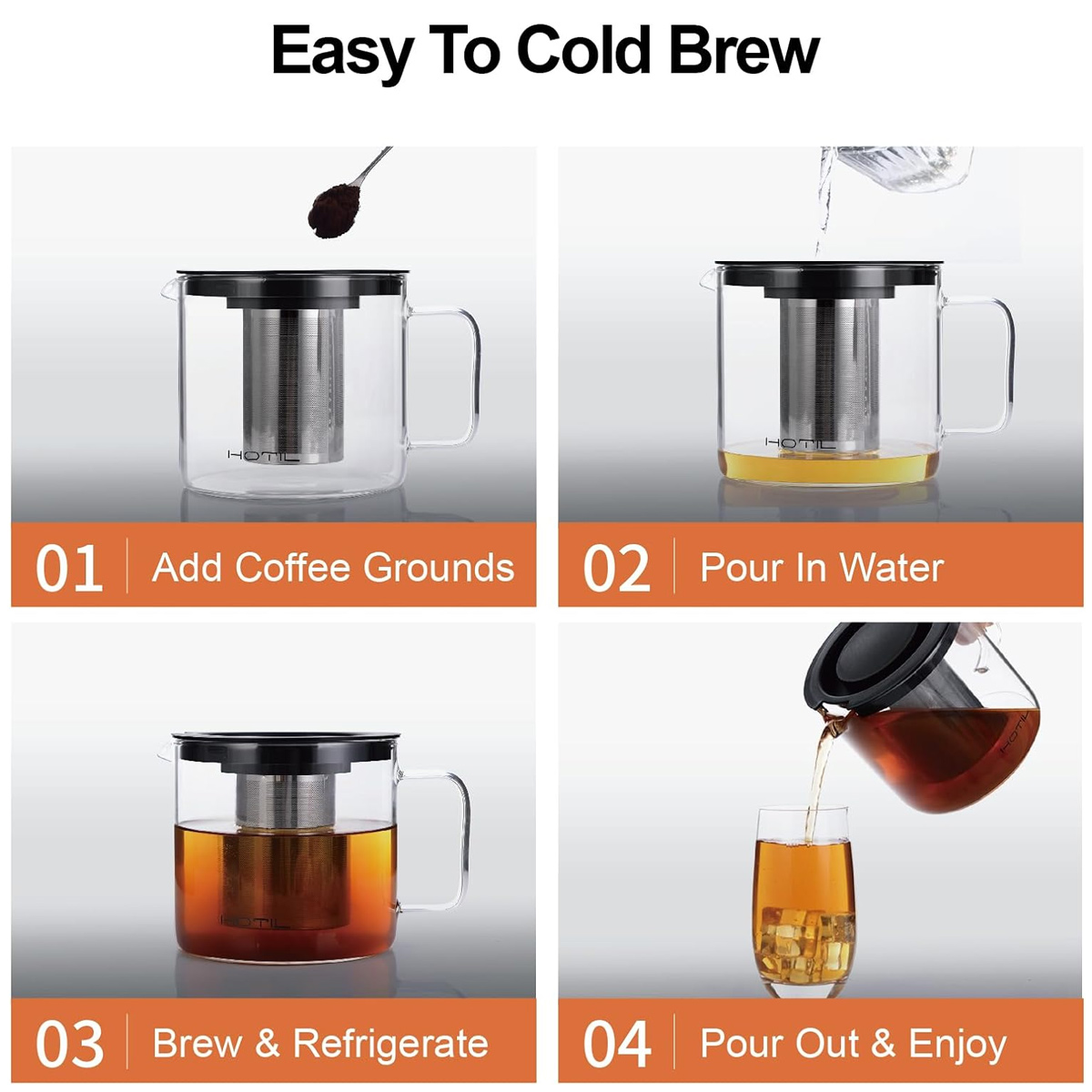 Vier-Schritte-Anleitung für Cold Brew. Kaffeepulver hinzufügen, Wasser gießen, brühen und das Endprodukt in ein Glas mit Eis gießen.