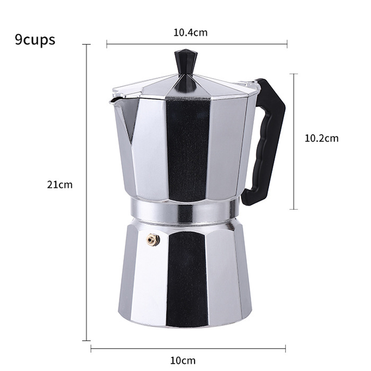 Eine silberne Espressokanne mit schwarzem Griff und Deckel. Abmessungen sind angegeben: 21 cm Höhe, 10 cm Basis, 10,4 cm Breite und 10,2 cm Höhe.
