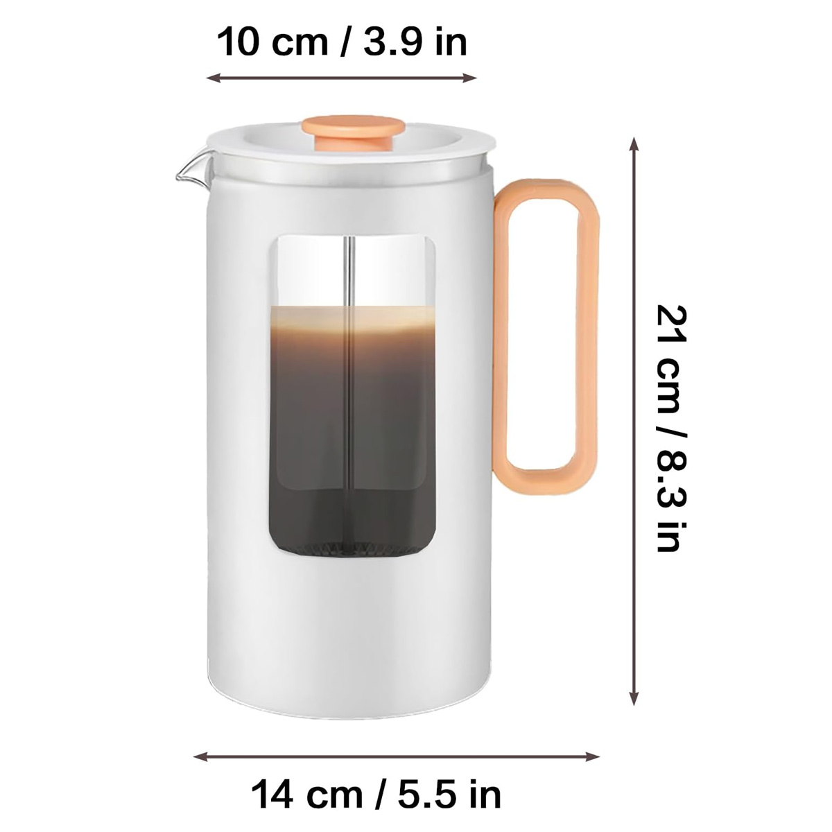 Eine weiße und pfirsichfarbene French Press mit Kaffee. Maße: 10 cm x 14 cm x 21 cm. Griff und Deckel sind pfirsichfarben.