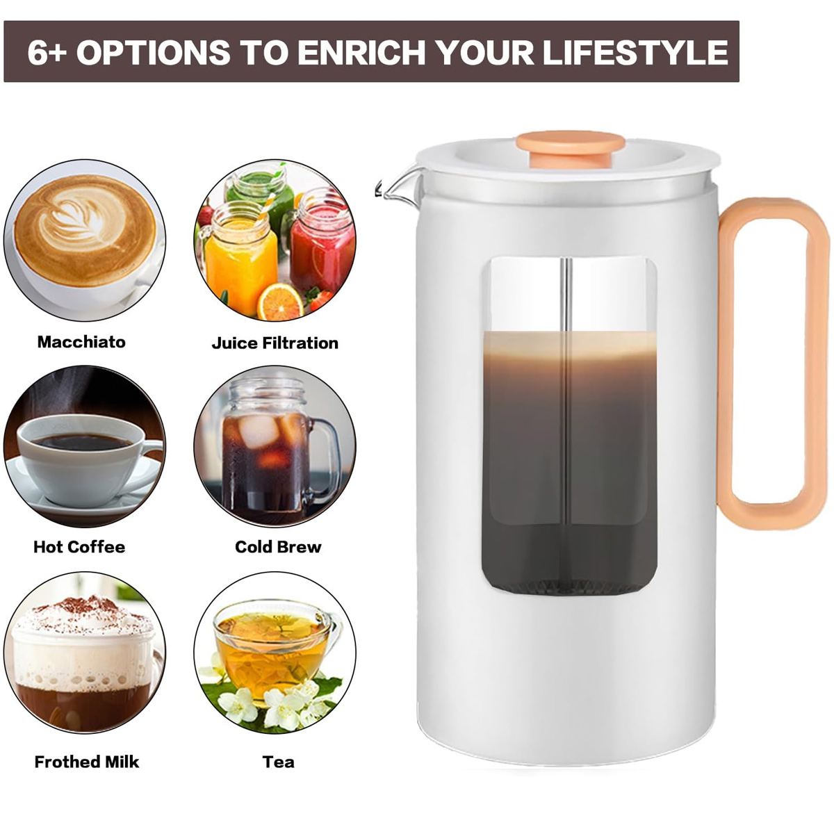 Das Bild zeigt eine Kaffeemaschine mit verschiedenen Getränkeoptionen: Macchiato, Saft, heißer Kaffee, Cold Brew, Milchschaum, Tee.