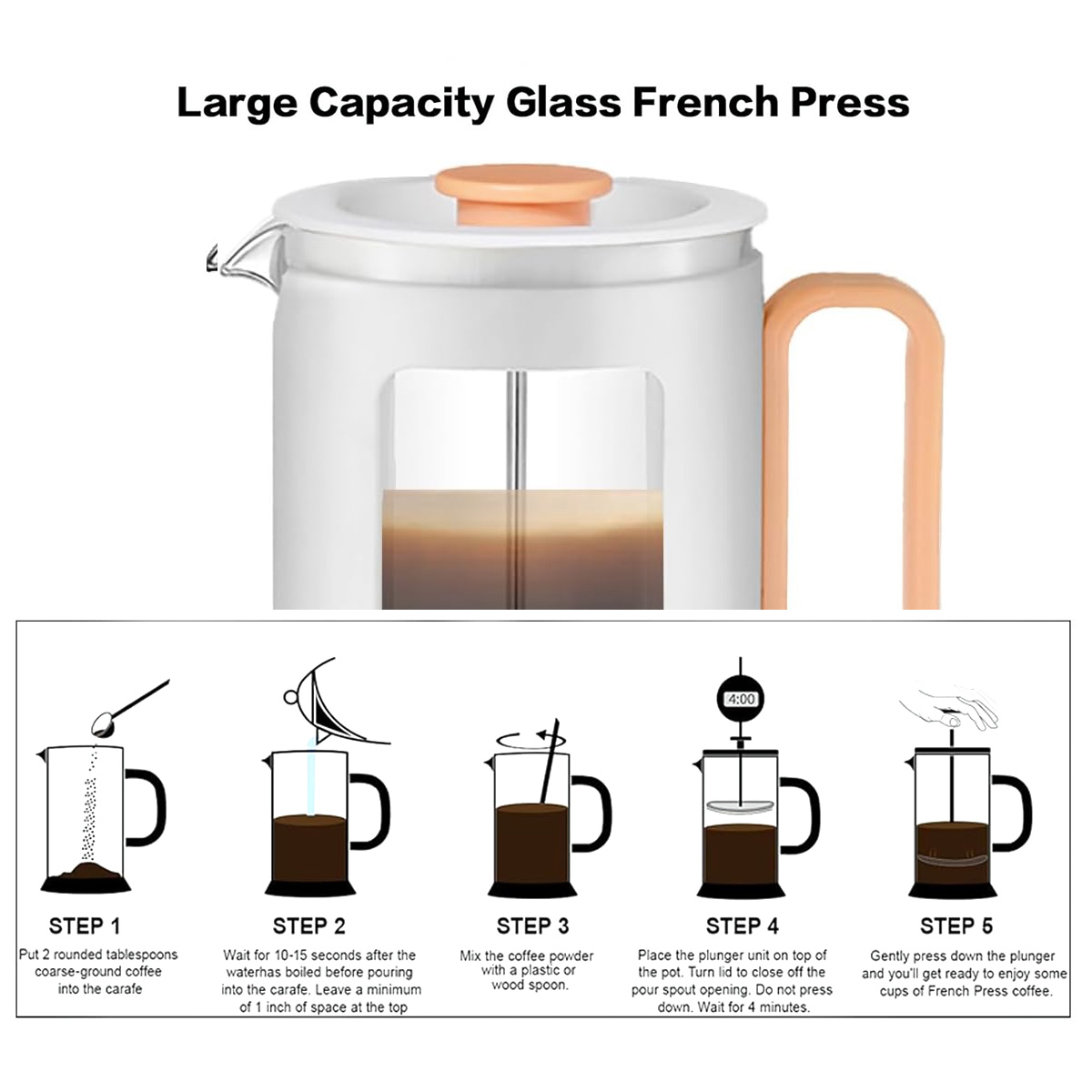 Eine French-Press-Kaffeemaschine mit Anweisungen. Die Schritte umfassen das Hinzufügen von Kaffee, das Eingießen von Wasser, das Mischen und das Drücken des Kolbens.