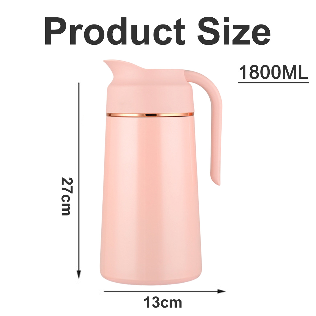Eine rosa Thermoskanne mit Griff. Sie ist 27 cm hoch und 13 cm breit. Fasst 1800 ml. Text: 'Produktgröße'.