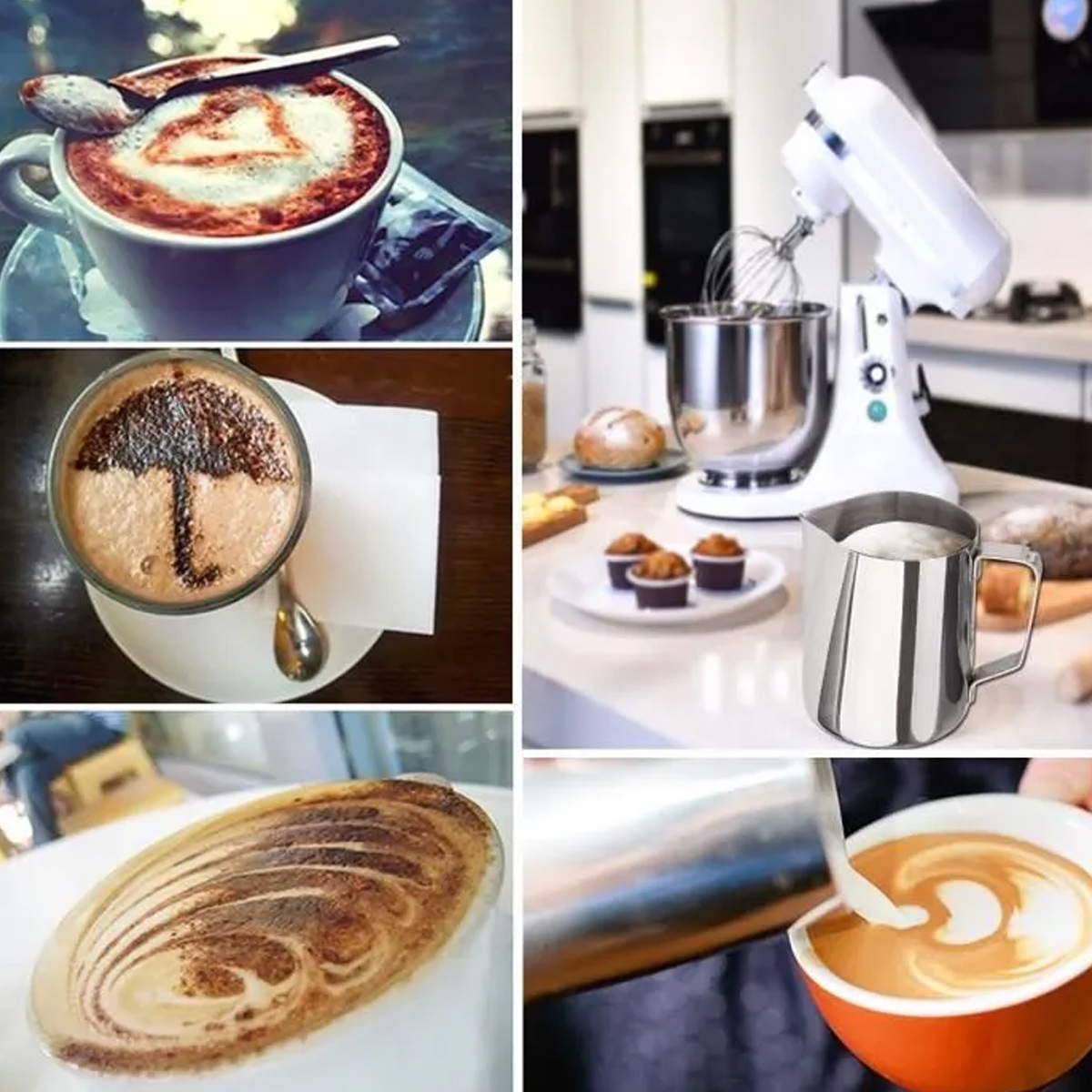Collage mit Kaffeekunst: Herz, Schirm und Wirbel. Ein Küchenmixer und ein Krug sind ebenfalls zu sehen, zusammen mit einer Tasse, die gefüllt wird.