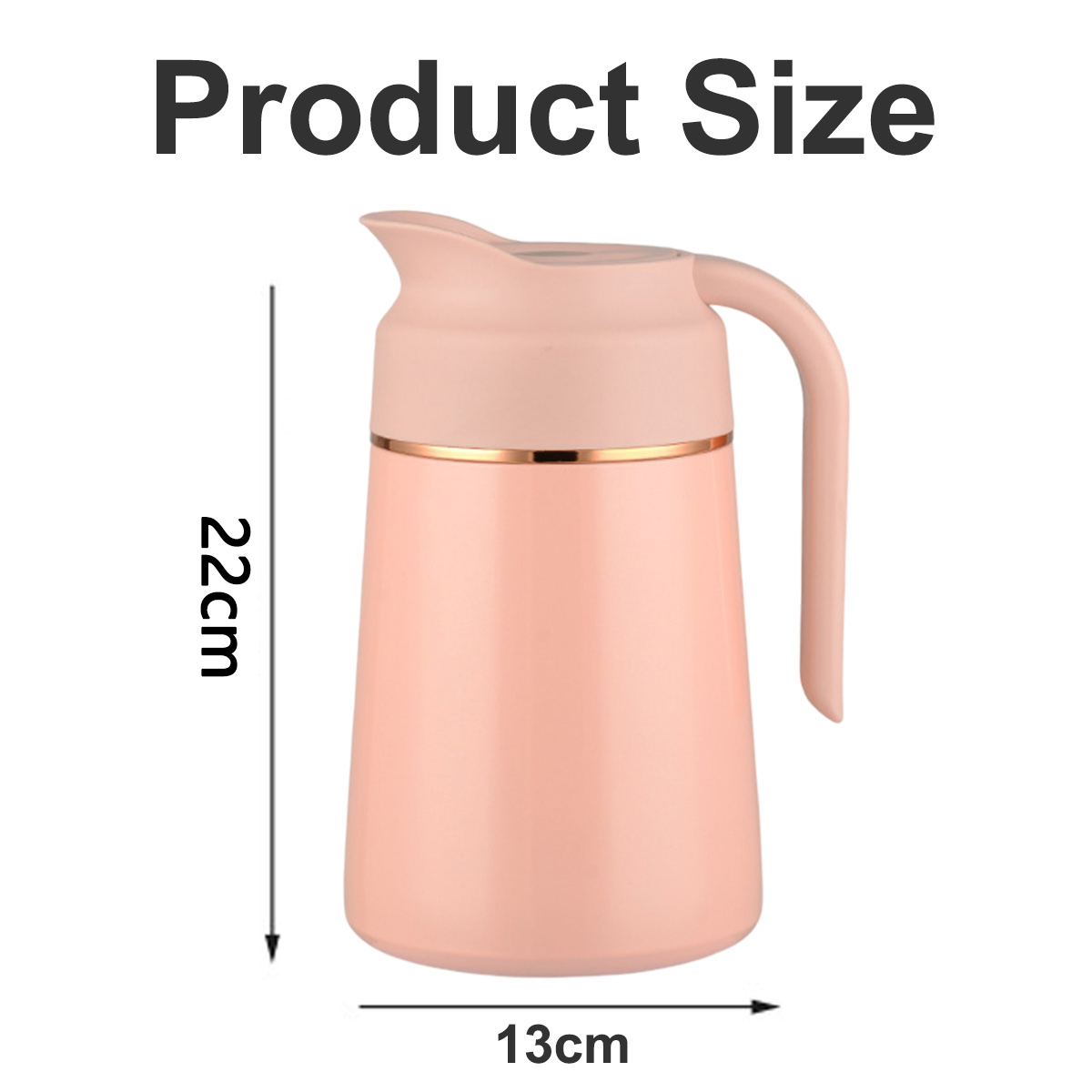 Gezeigt wird ein rosa Krug mit Griff. Der Krug ist 22 cm hoch und 13 cm breit. Produktgröße steht oben.