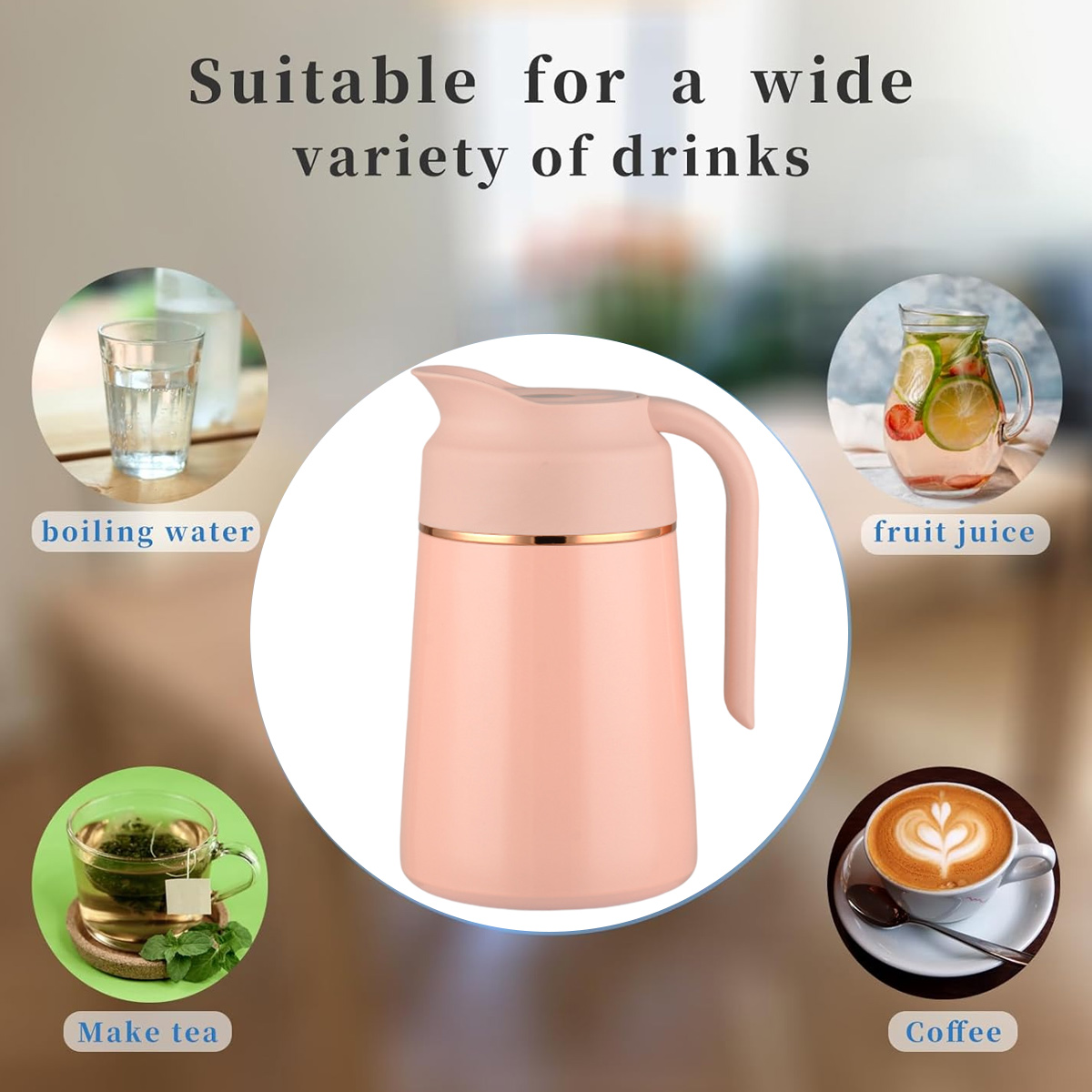 Ein rosafarbener Wasserkrug mit Beispielen für Getränke: Wasser, Fruchtsaft, Tee und Kaffee. Der Text oben lautet 'Geeignet für eine Vielzahl von Getränken'.