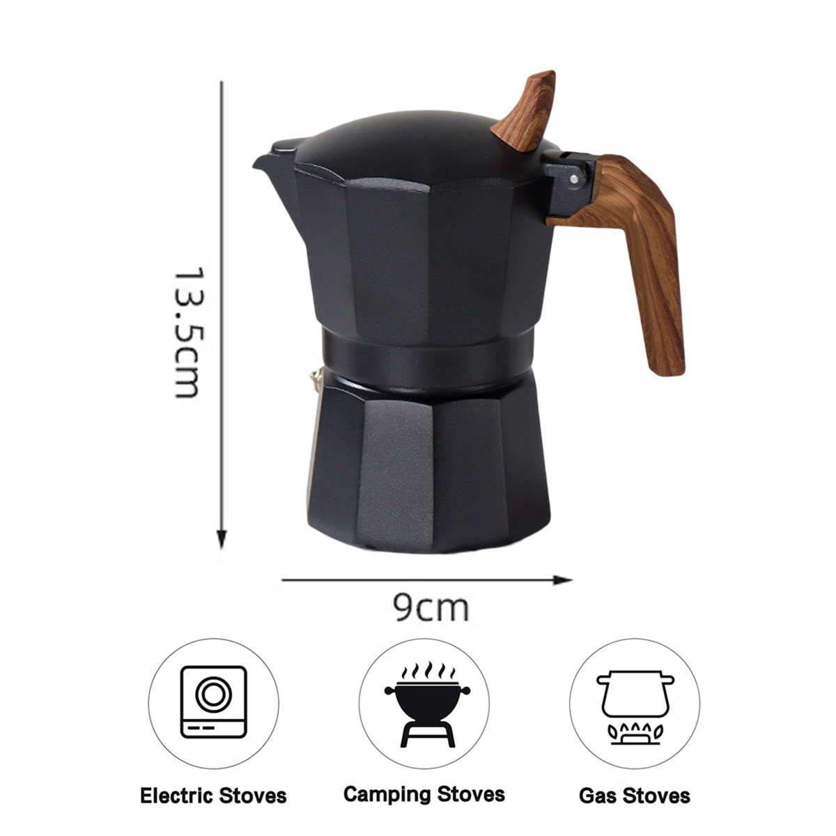 Schwarzer Kaffeezubereiter mit Holzgriff, 13,5 cm hoch, 9 cm breit. Geeignet für Elektro-, Camping- und Gasherde.