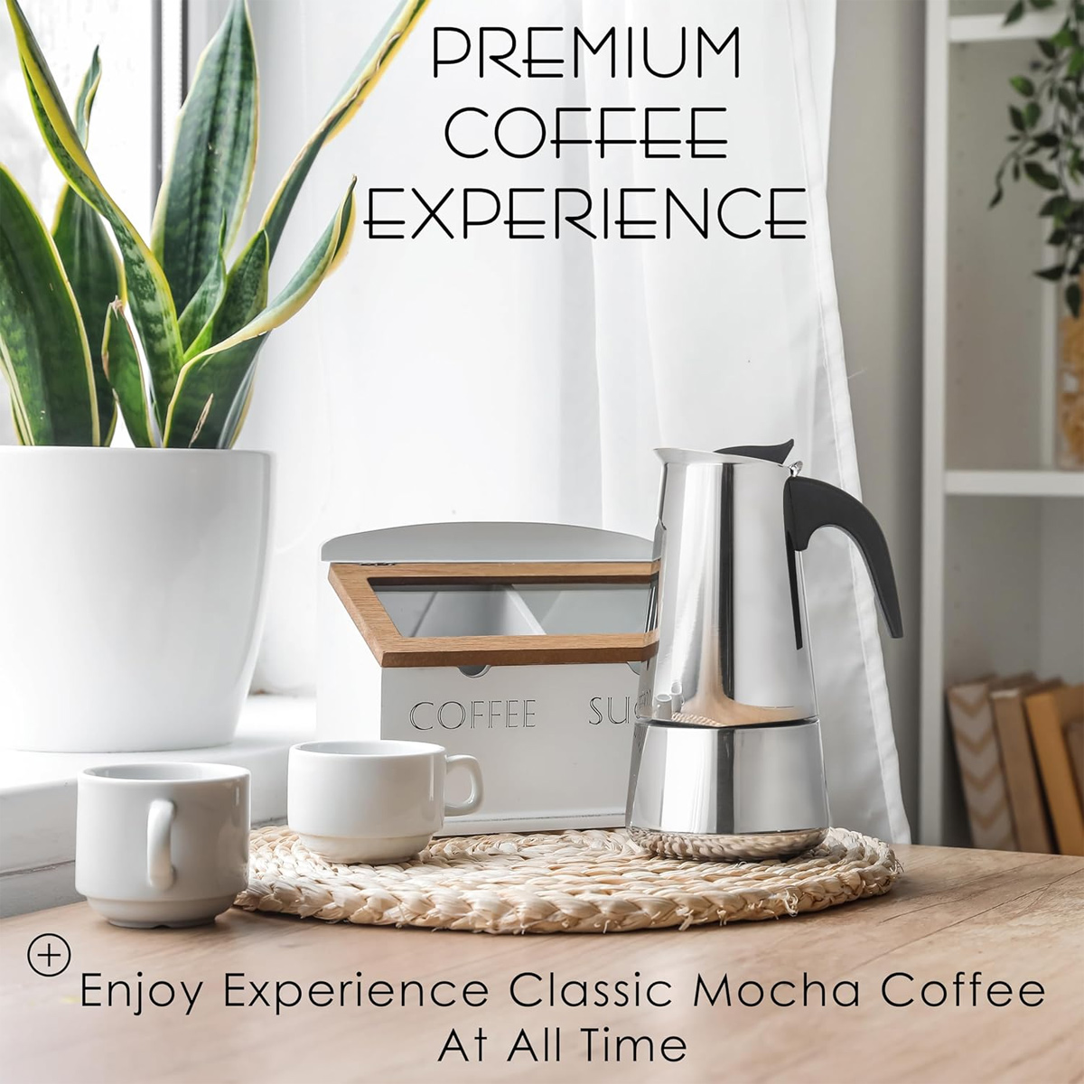 Kaffee-Setup mit Pflanze, Kaffeemaschine, Tassen und einem Zuckerbehälter auf einem Holztisch. Text: 'Premium Coffee Experience'.