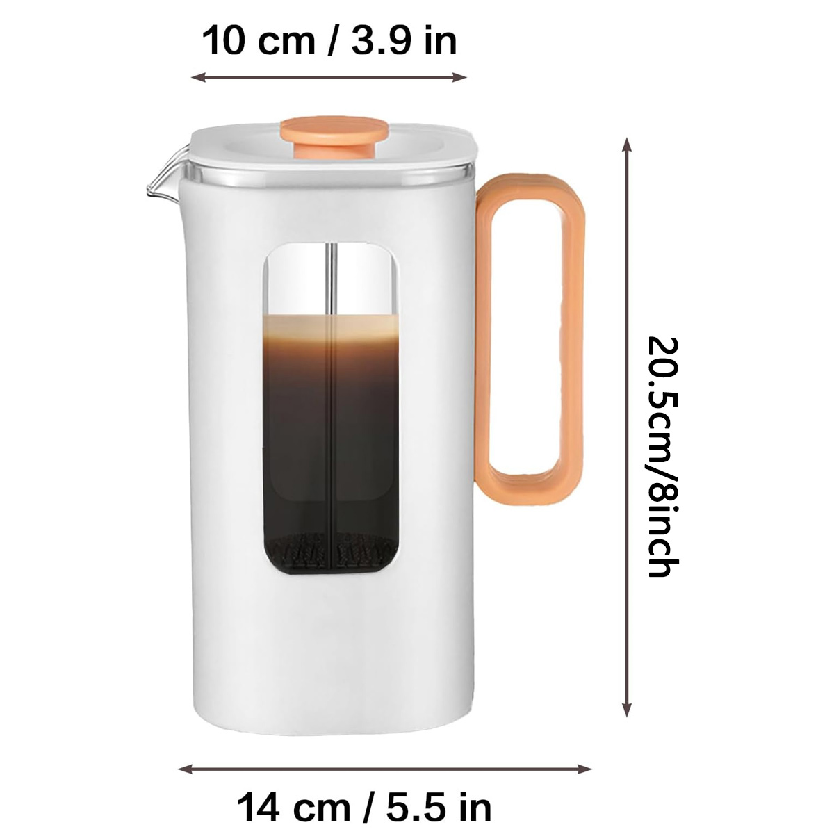 Eine weiß-orangefarbene French-Press-Kaffeemaschine. Sie hat Messungen in cm und Zoll. Der Kaffee ist innen sichtbar.