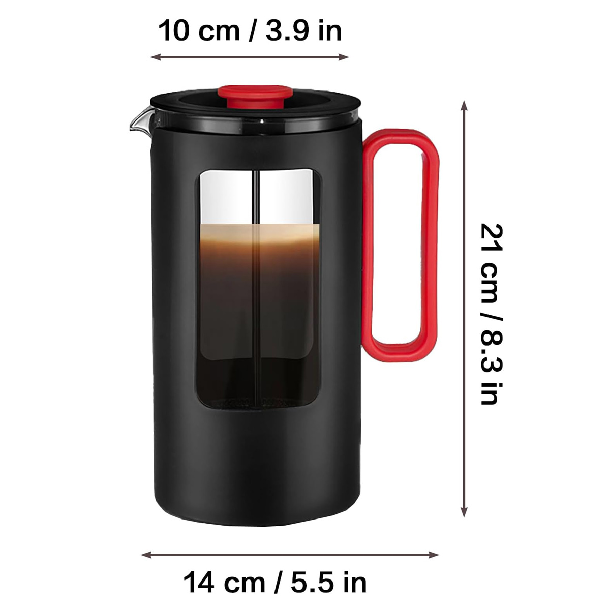 Eine schwarze French Press mit rotem Griff und Deckel. Sie enthält Kaffee. Abmessungen sind beschriftet: 10cm, 21cm und 14cm.
