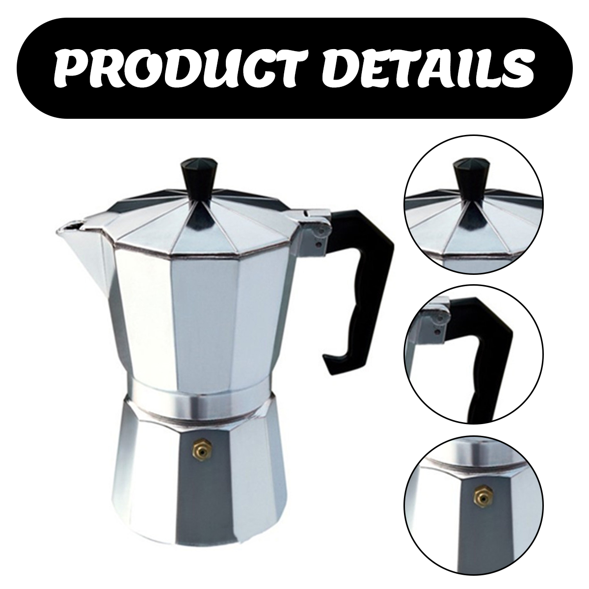 Eine silberne Kaffeemaschine mit schwarzem Griff und Deckel. Produktdetails sind oben dargestellt. Drei Nahaufnahmen sind ebenfalls vorhanden.
