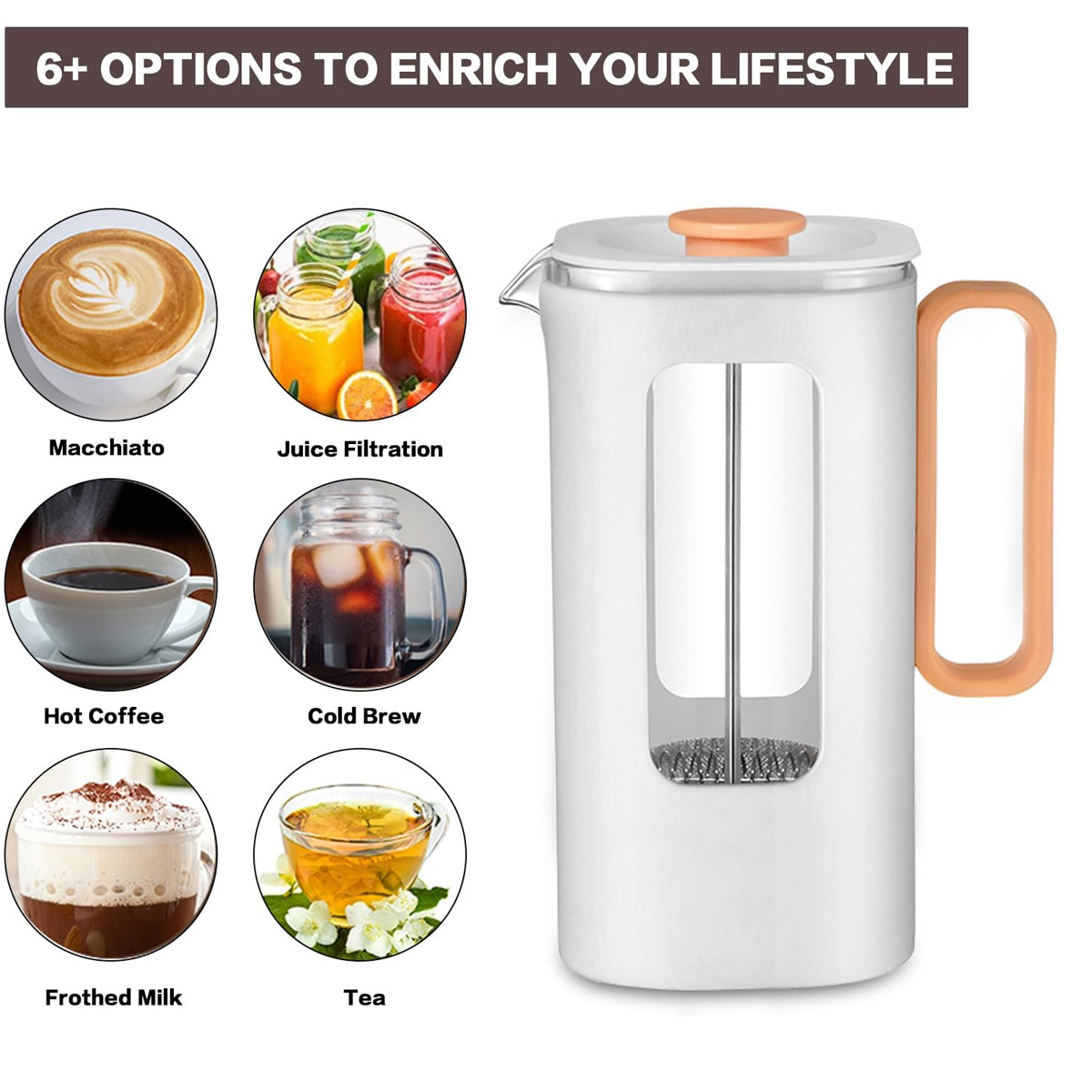 Eine weiße French Press mit orangefarbenem Griff und Deckel. Umgeben von Bildern von Kaffee, Saft und Tee mit Text.