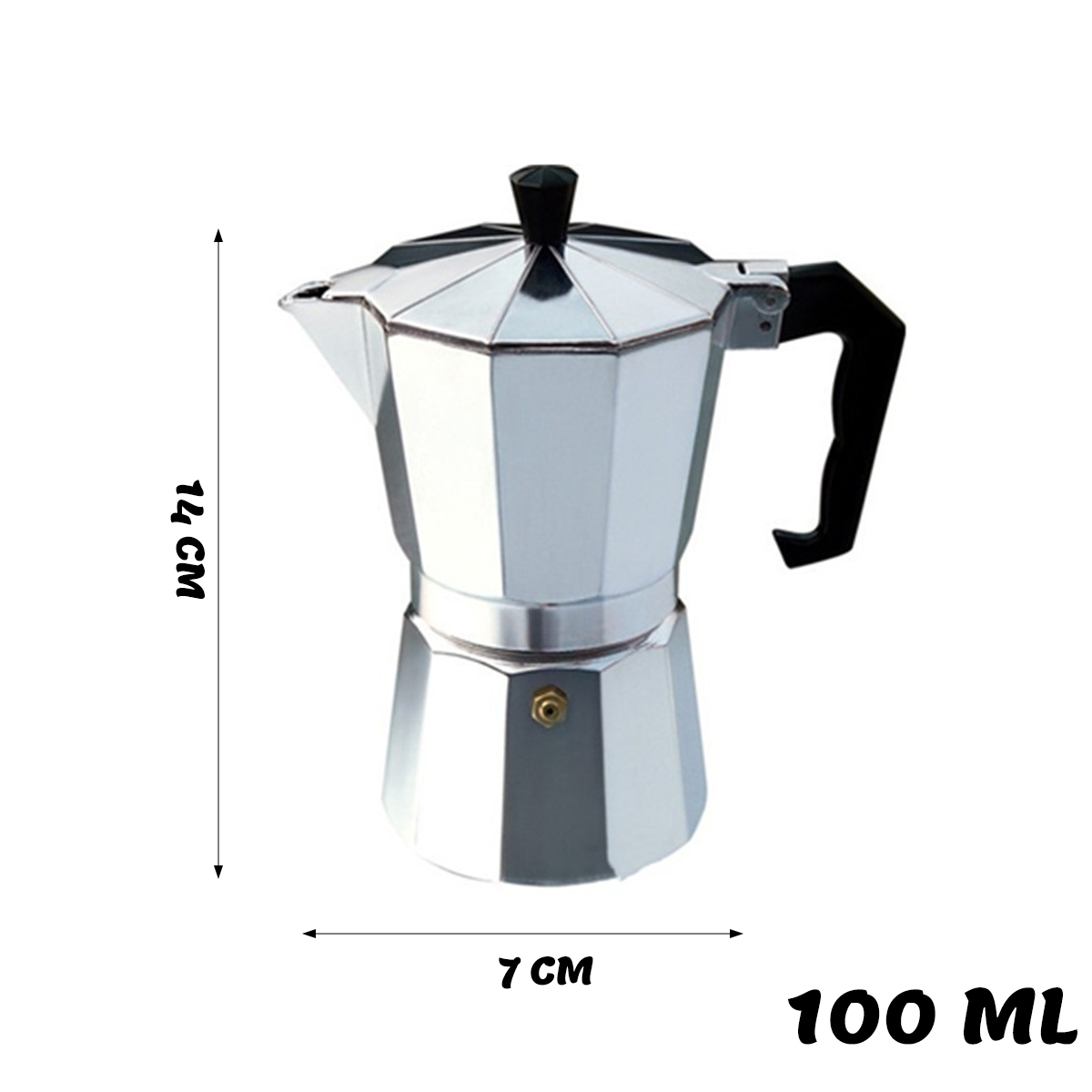 Eine silberne Kaffeemaschine mit schwarzem Griff und Knopf, Abmessungen 14 cm hoch und 7 cm breit. Sie fasst 100 ml.