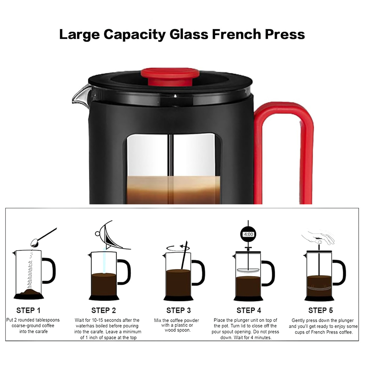 Eine French-Press-Kaffeemaschine mit Anweisungen. Zeigt Schritte: Kaffee hinzufügen, Wasser gießen, umrühren, warten und drücken.