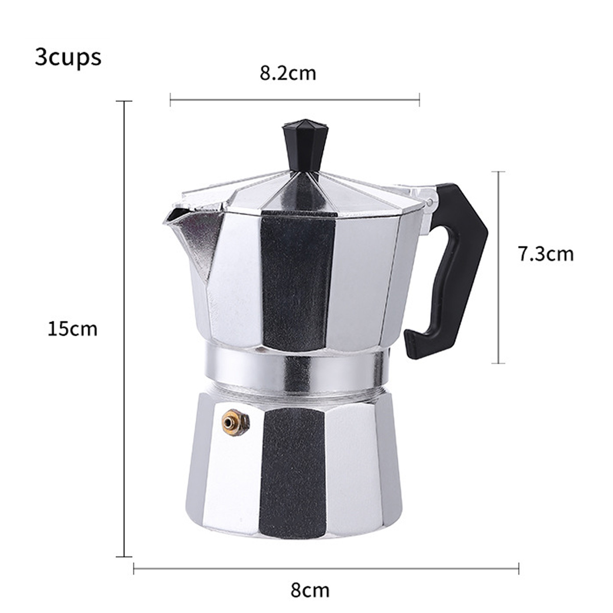 Eine silberne Espressokanne mit schwarzem Griff und Deckel. Abmessungen: 15 cm hoch, 8,2 cm breit, 7,3 cm hoch und 8 cm breit.