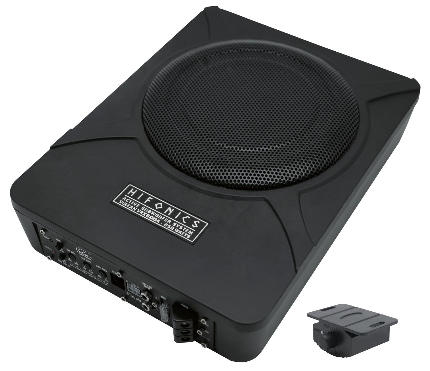 Ein schwarzer Subwoofer mit einem Mesh-Lautsprecher. Die Marke ist HIFONICS. Er hat verschiedene Eingangsanschlüsse und ein separates Steuermodul.