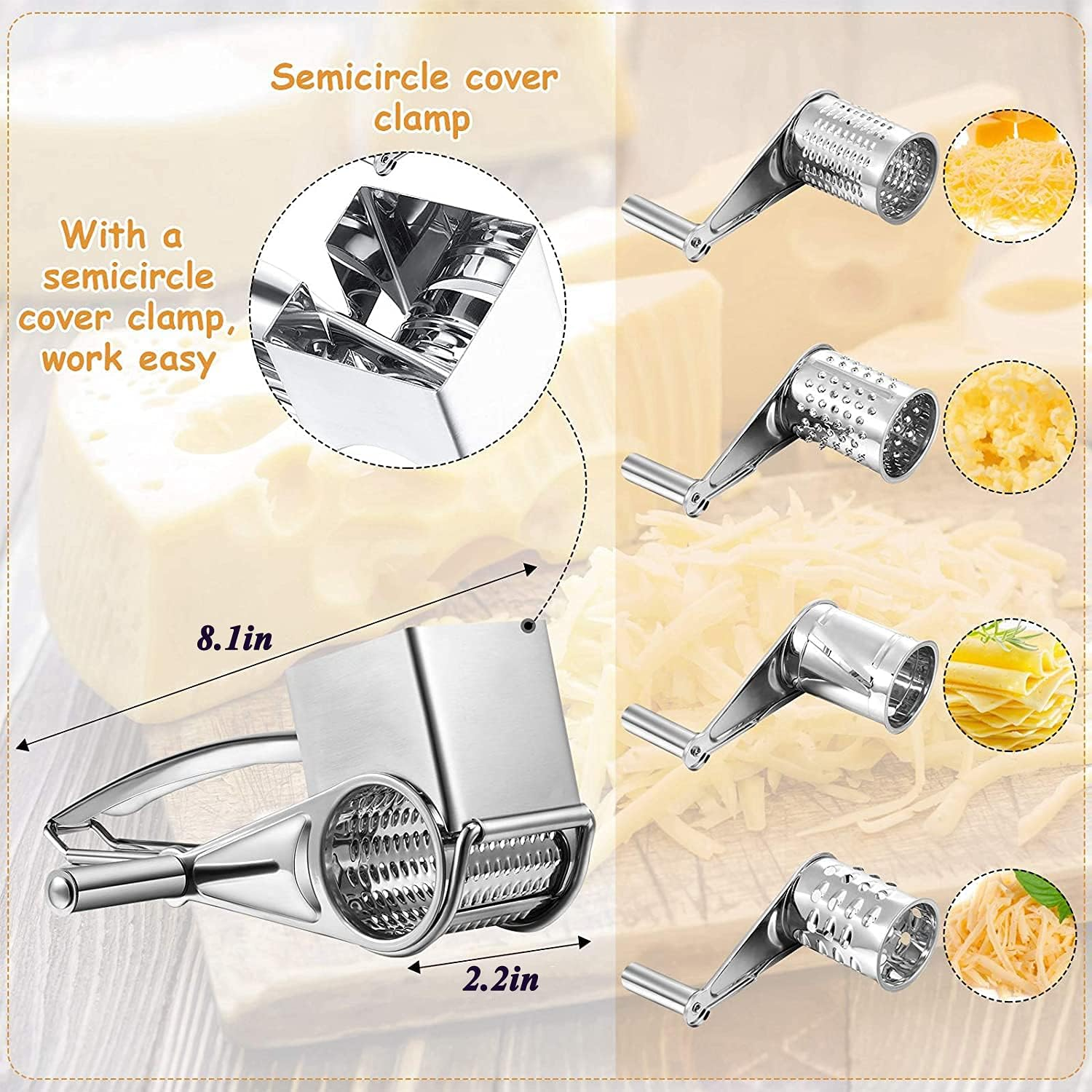 Ein Metall-Käsereibe mit halbkreisförmiger Abdeckung. Zeigt geriebenen Käse und Abmessungen: 8,1 Zoll x 2,2 Zoll. Bilder zeigen verschiedene Reibstile.