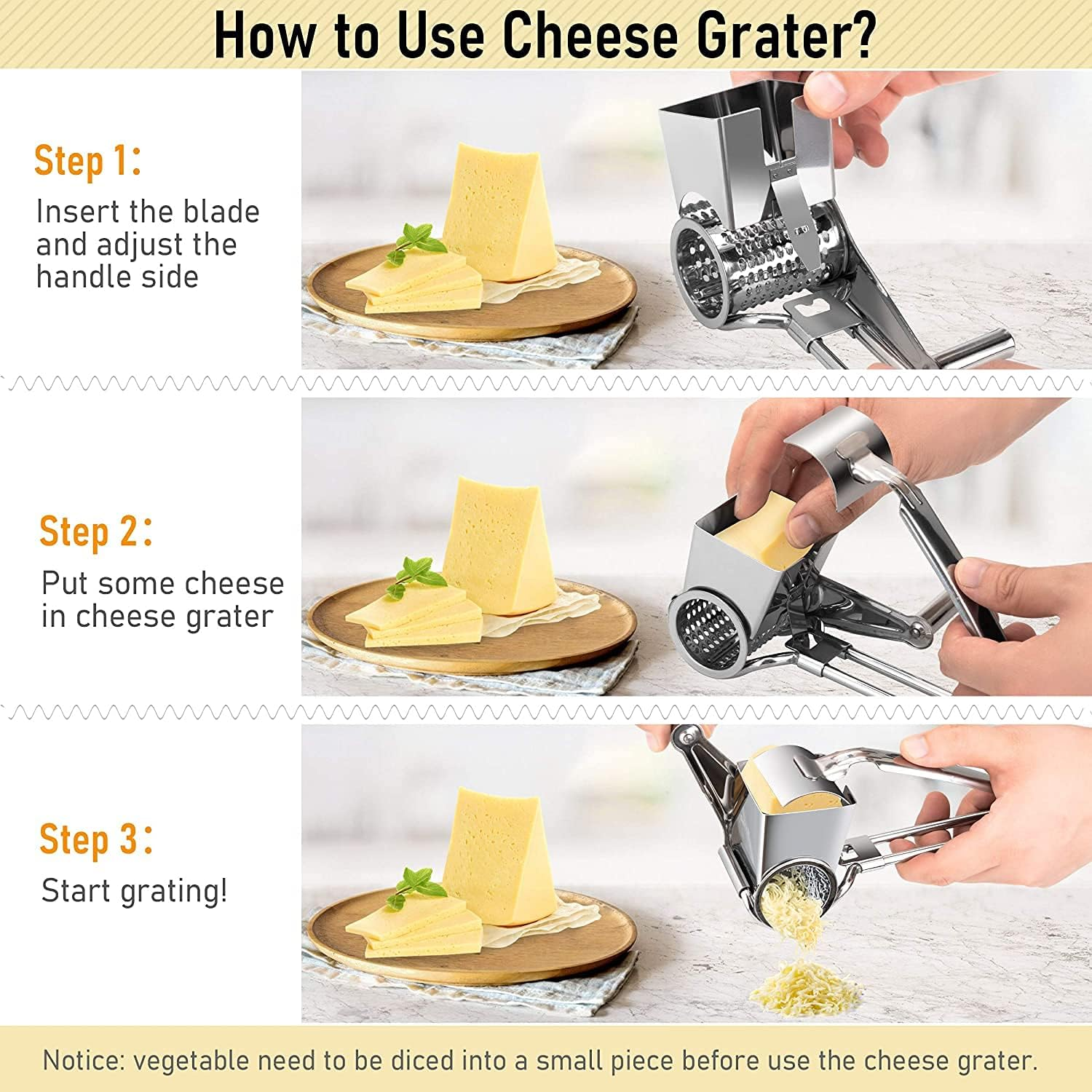 Schritte zur Verwendung einer Käsereibe. Enthält Bilder von Käse, Reibe und Händen. Käse wird im letzten Schritt gerieben.