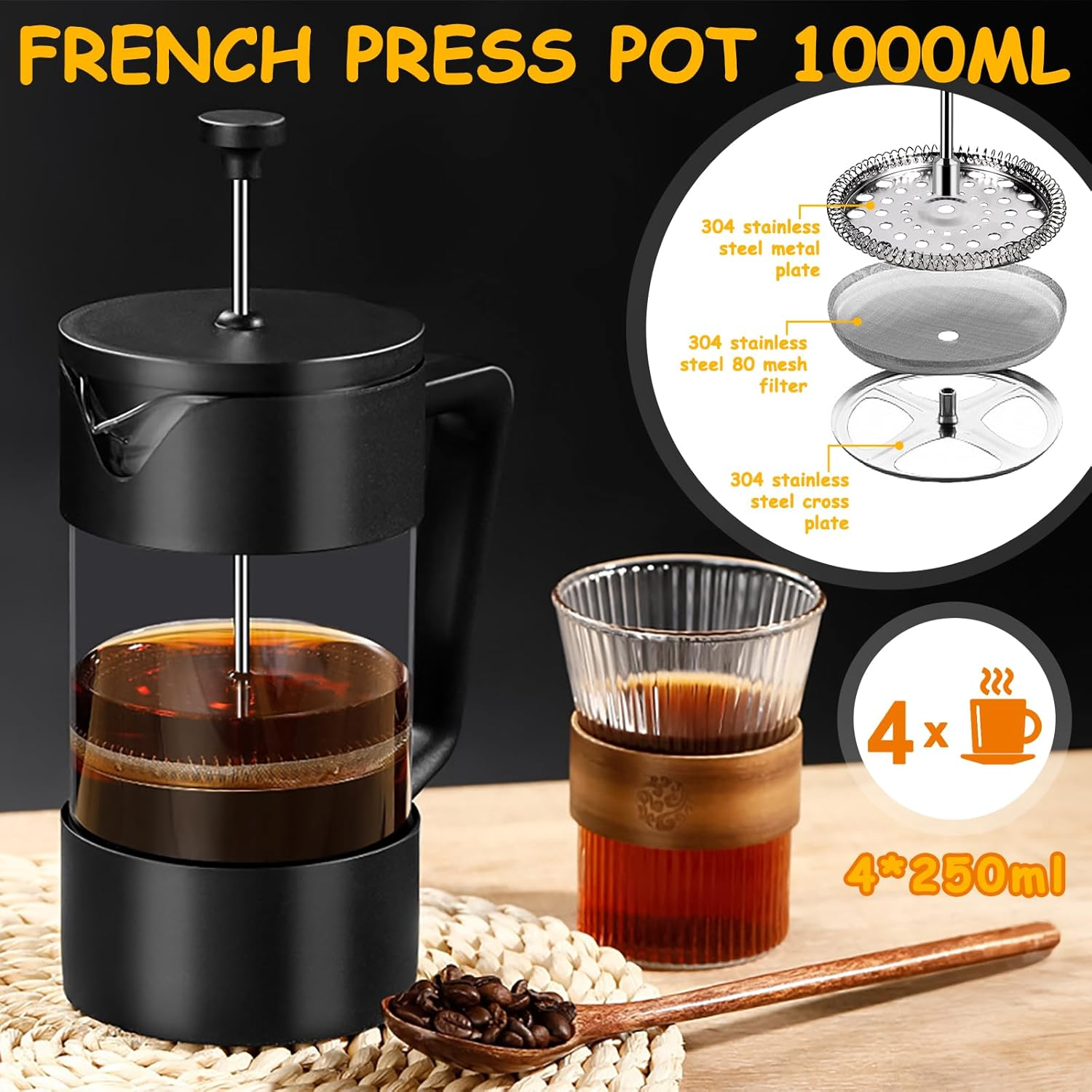 Eine French-Press-Kanne mit detaillierten Komponenten. Daneben ein Glas Kaffee, ein Holzlöffel mit Kaffeebohnen und ein Tassen-Symbol.