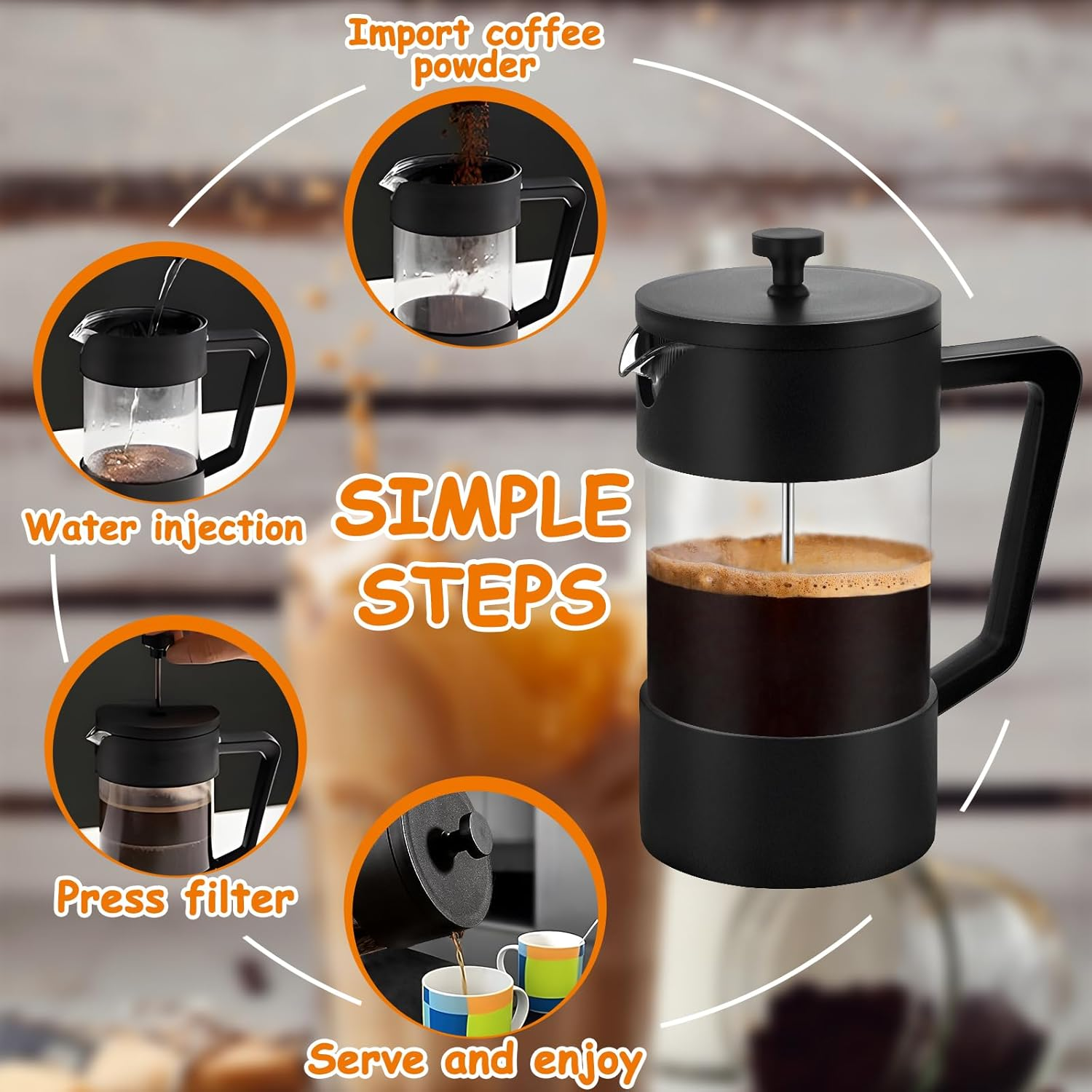 Das Bild zeigt die Schritte der Kaffeezubereitung: Kaffee hinzufügen, Wasser injizieren, Filter drücken und servieren. Eine French Press wird gezeigt.