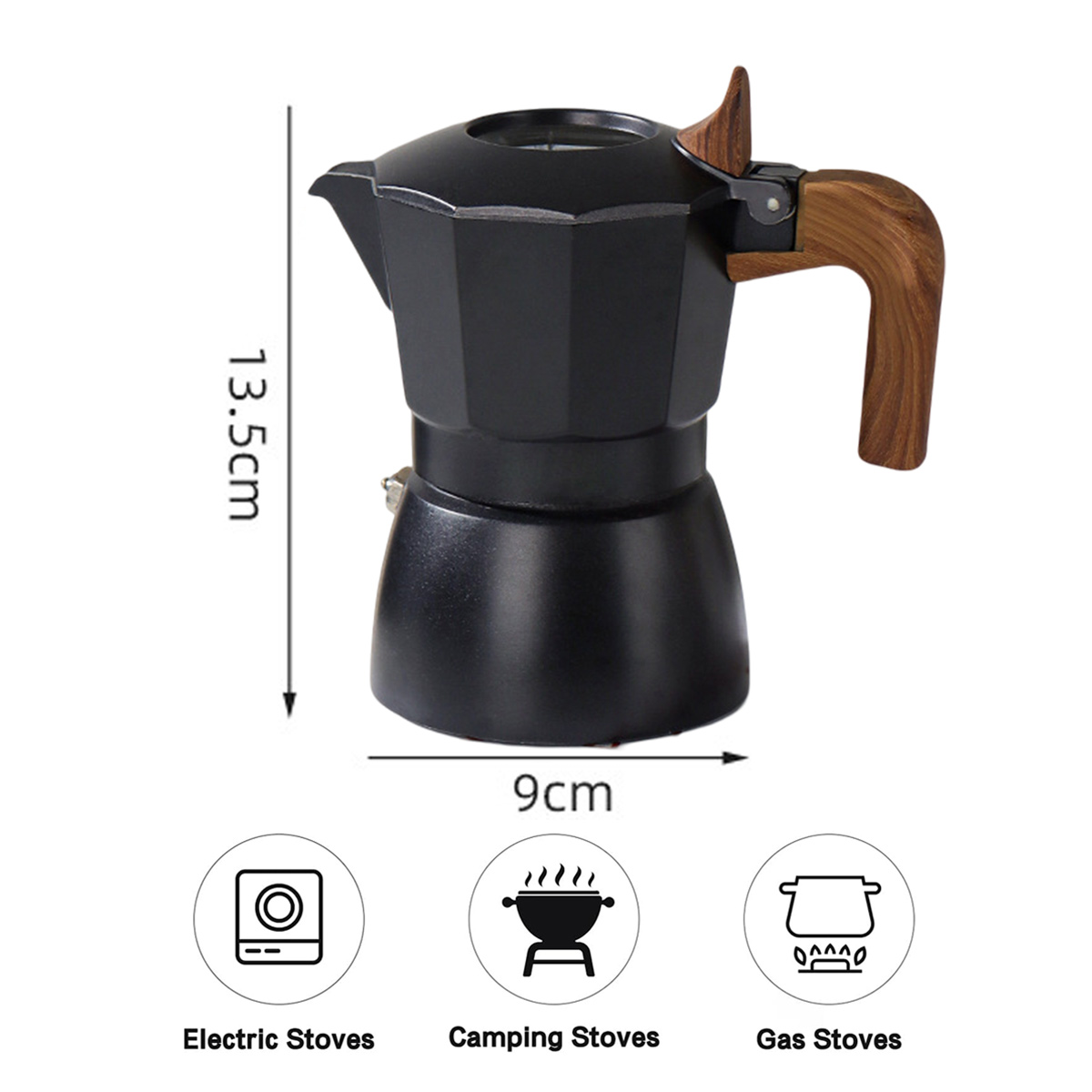 Eine schwarze Espressokanne mit Holzgriff. Sie ist 13,5 cm hoch und 9 cm breit. Illustrationen zeigen die Verwendung auf Elektro-, Camping- und Gasherden.