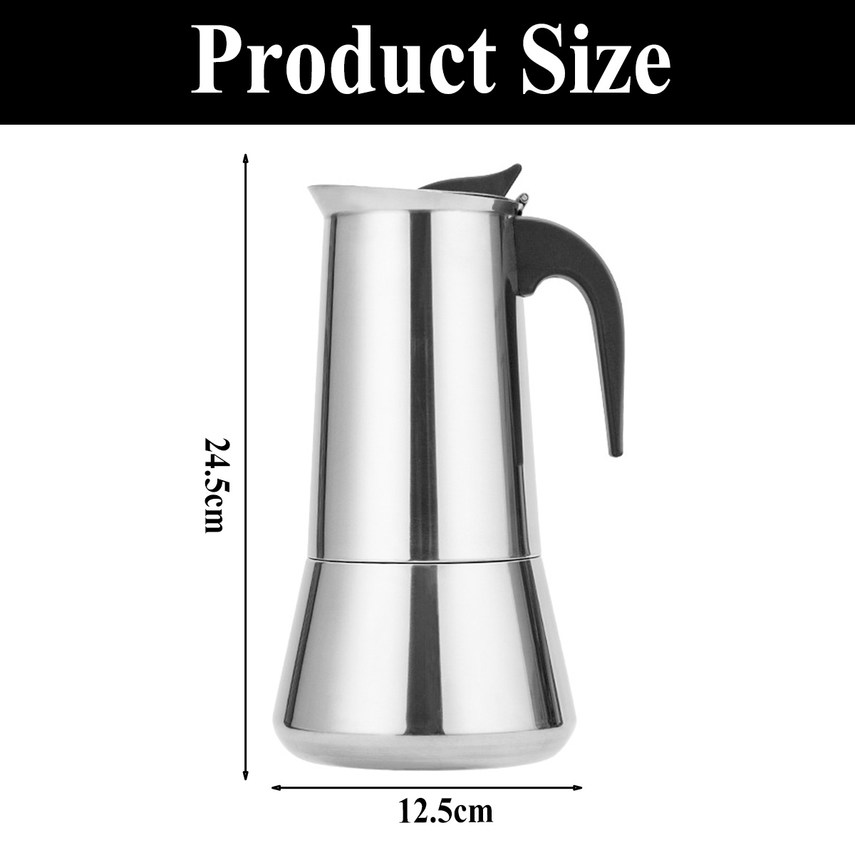 Ein Edelstahl-Kaffeebereiter mit schwarzem Griff. Abmessungen: 24,5 cm hoch, 12,5 cm breit. Text: Produktgröße.