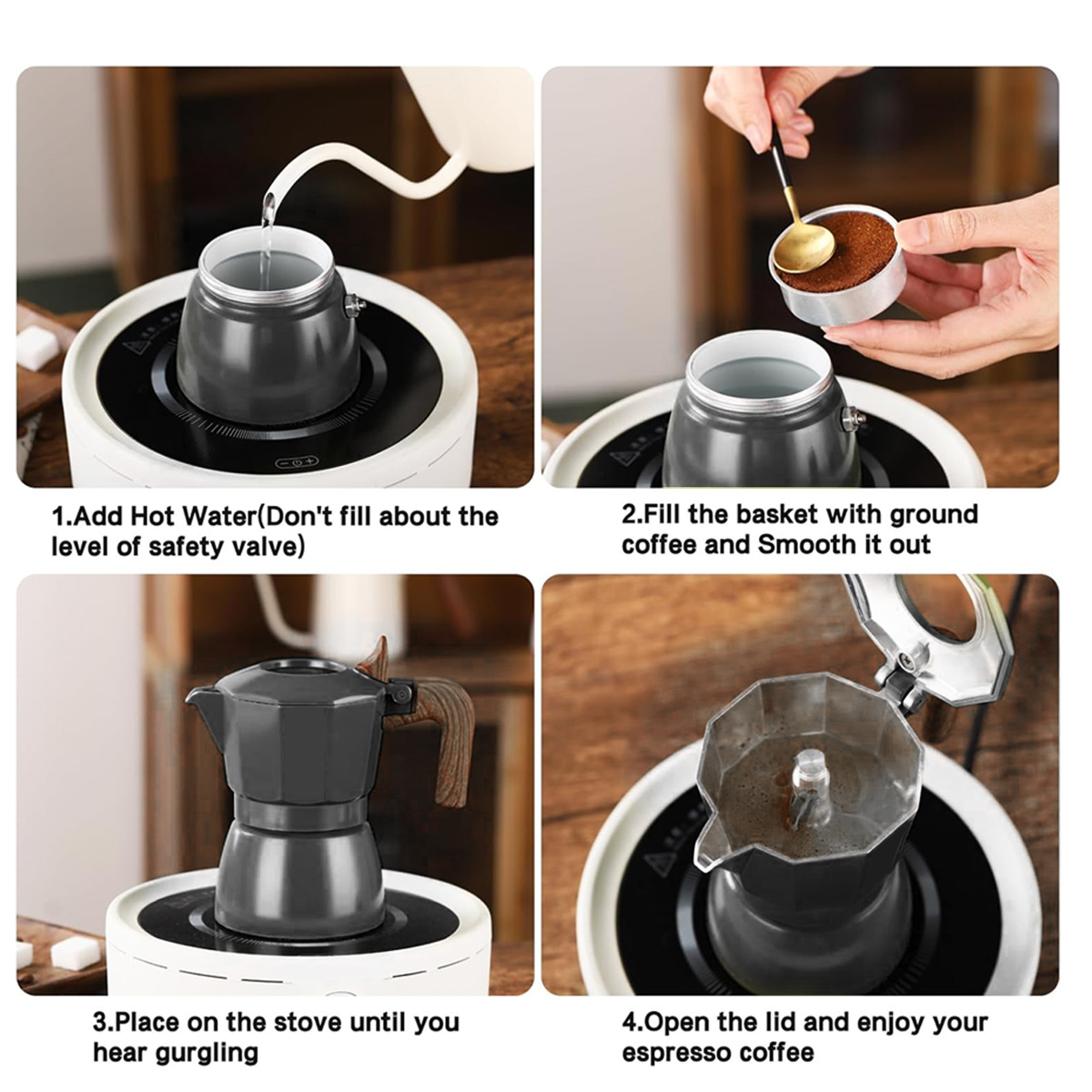 Schritte zur Espressozubereitung: Wasser, Kaffee hinzufügen, auf dem Herd erhitzen und genießen. Bilder zeigen den Vorgang mit einem schwarzen Kaffeezubereiter.