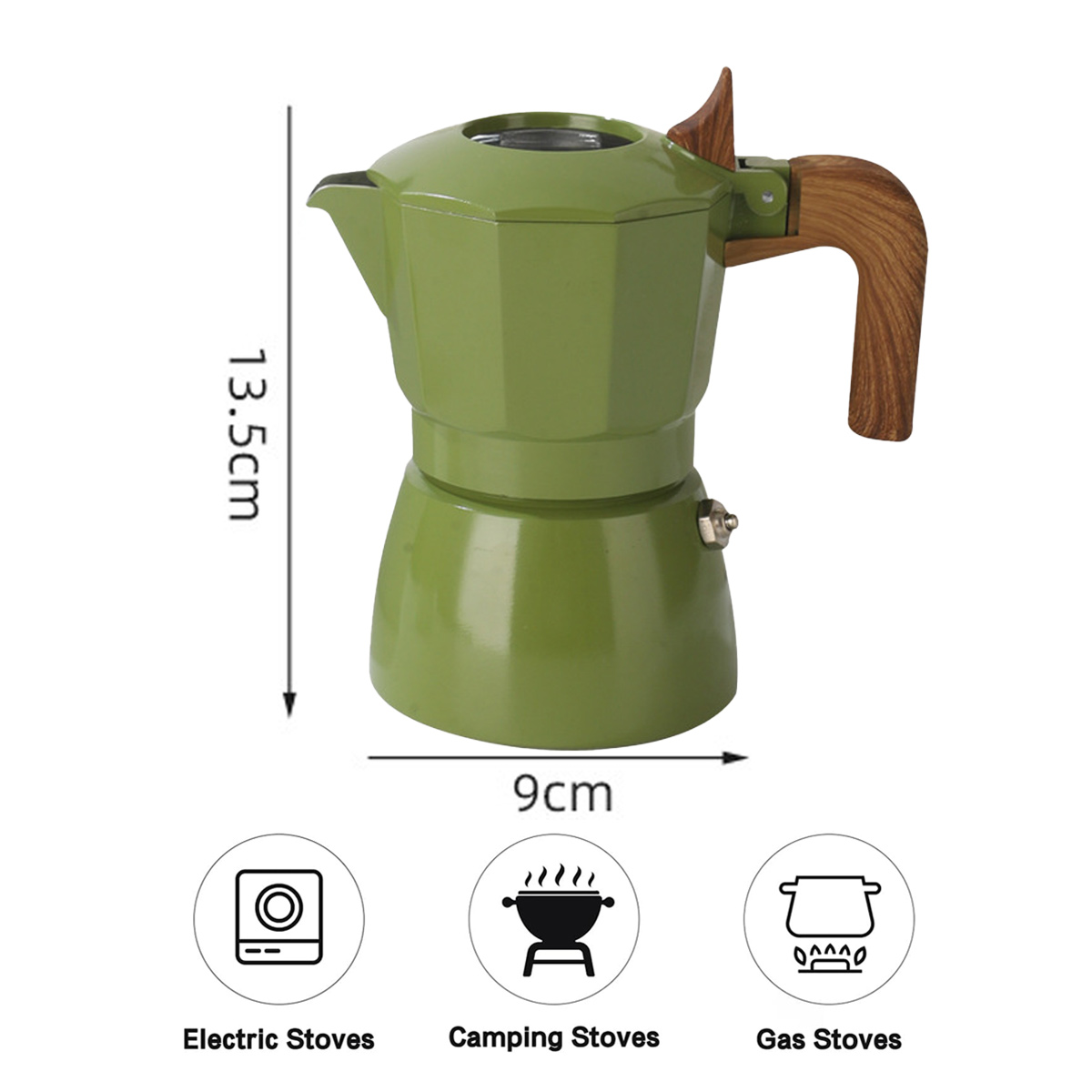 Ein grüner Kaffeebereiter mit Holzgriff. Er ist 13,5 cm hoch und 9 cm breit. Darunter Symbole für Elektro-, Camping- und Gasherde.