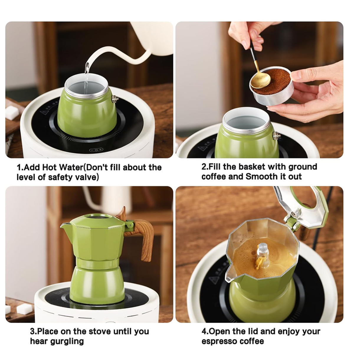 Schritte zur Espressozubereitung: Wasser hinzufügen, Kaffee, Erhitzen auf dem Herd und Genießen. Grüner Kaffeezubereiter auf weißem Herd.