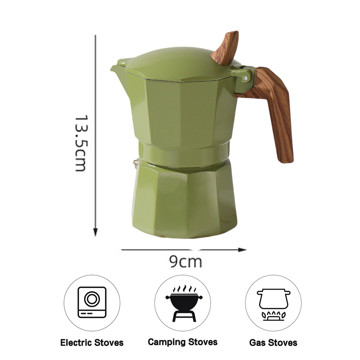 Grüner Kaffeebereiter mit Holzgriff, 13,5 cm hoch, 9 cm breit. Zeigt Symbole für Elektro-, Camping- und Gasherde.