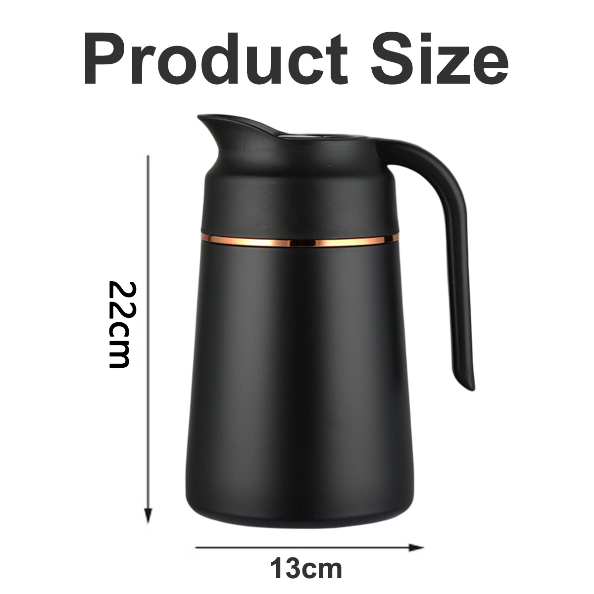 Eine schwarze Thermoskanne mit Griff. Maße: 22 cm hoch, 13 cm breit. Text oben: Produktgröße.