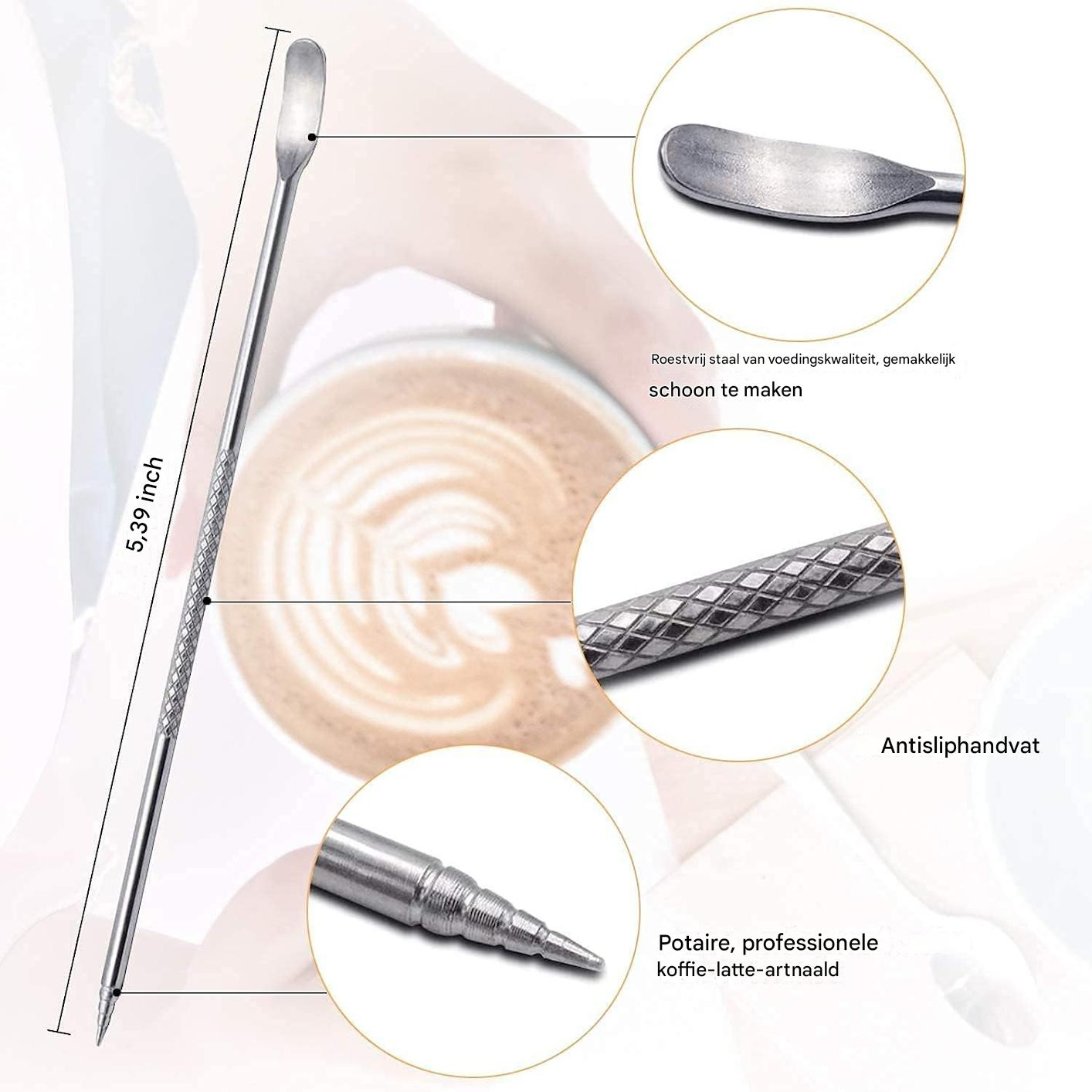 Ein Edelstahl-Kaffee-Art-Werkzeug mit strukturiertem Griff und löffelartigem Ende, gezeigt mit Nahaufnahmen und Textbeschriftungen.