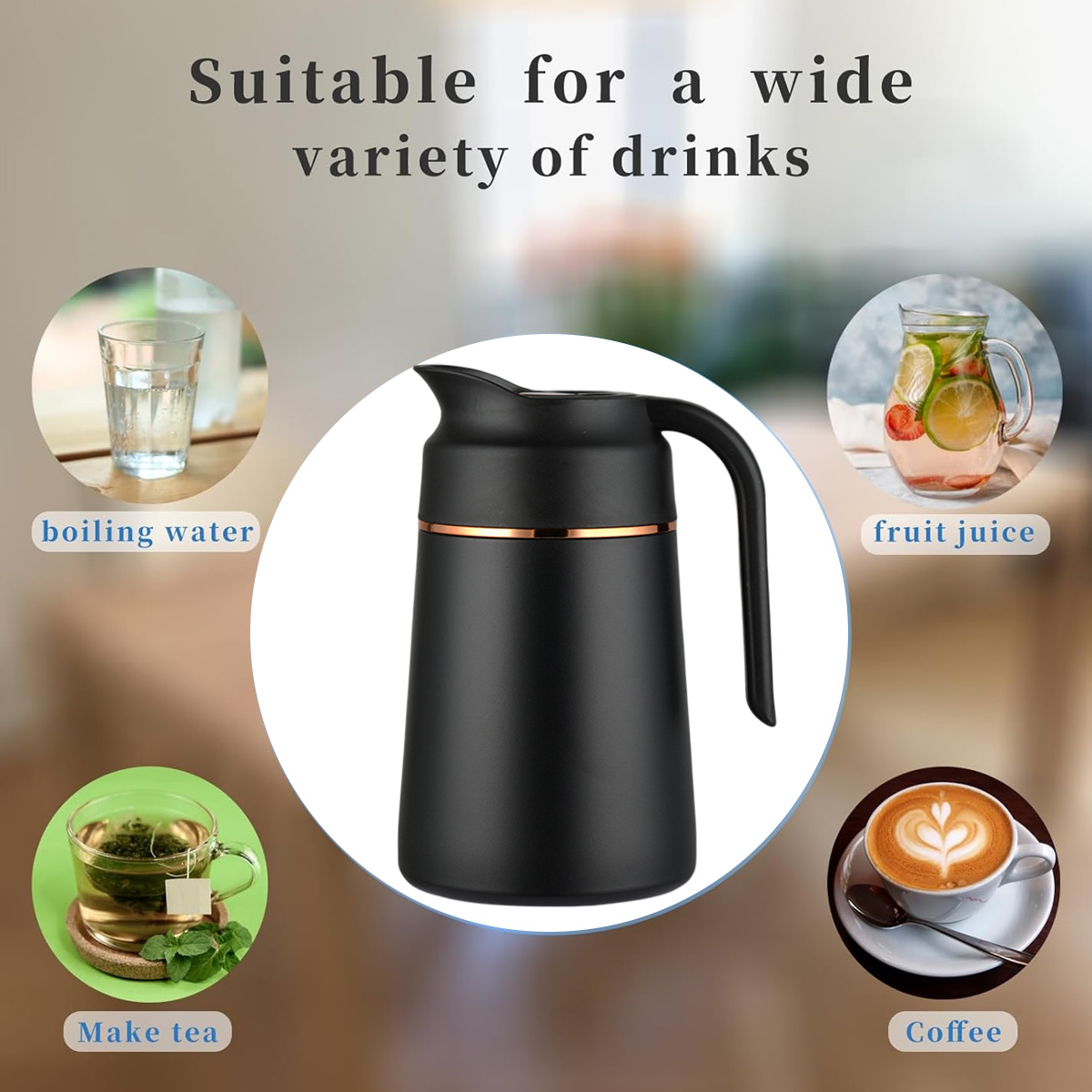 Schwarze Thermoskanne mit vier Getränkebeispielen: kochendes Wasser, Fruchtsaft, Tee und Kaffee mit Latte Art.