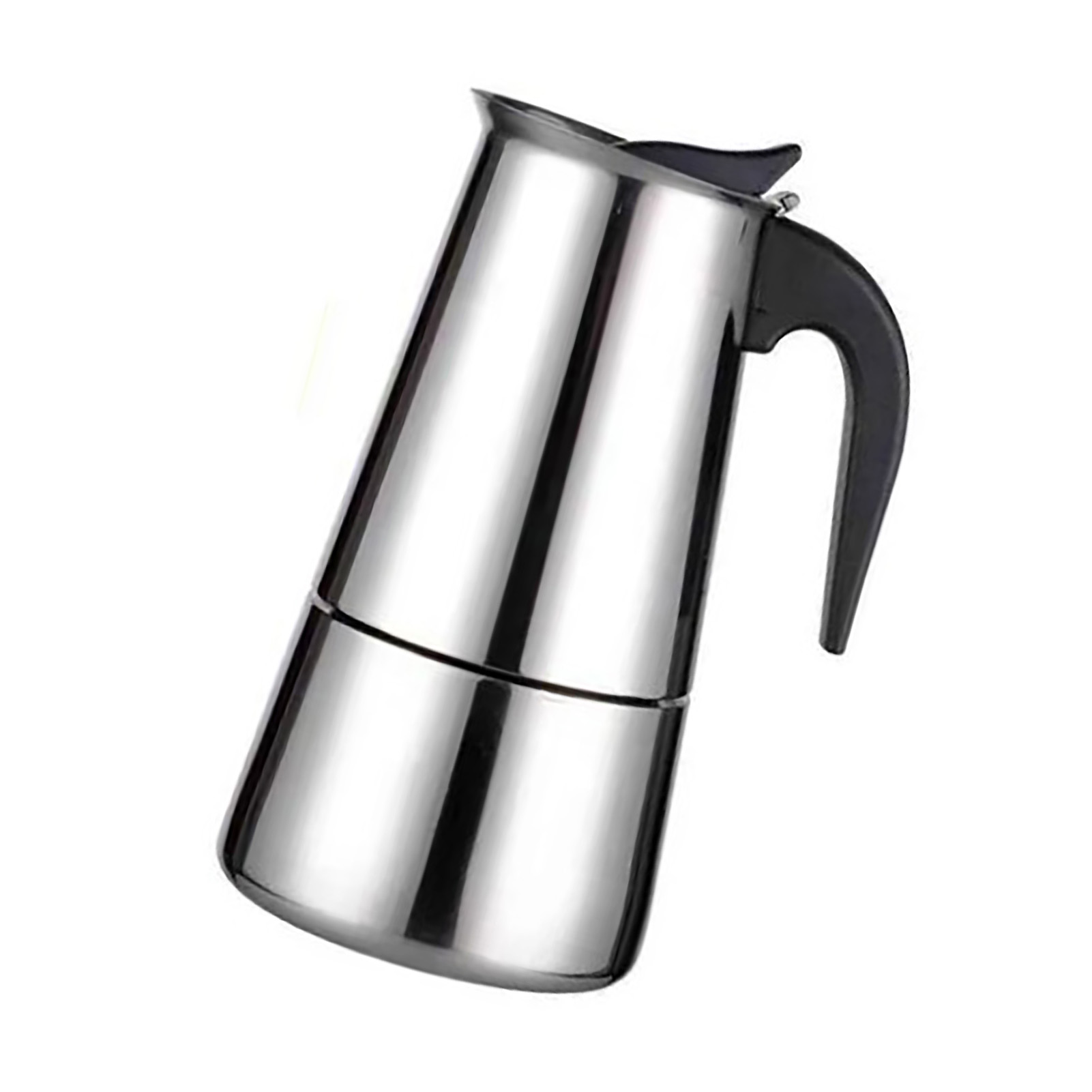 Ein Espressokocher aus Edelstahl mit schwarzem Griff auf weißem Hintergrund.