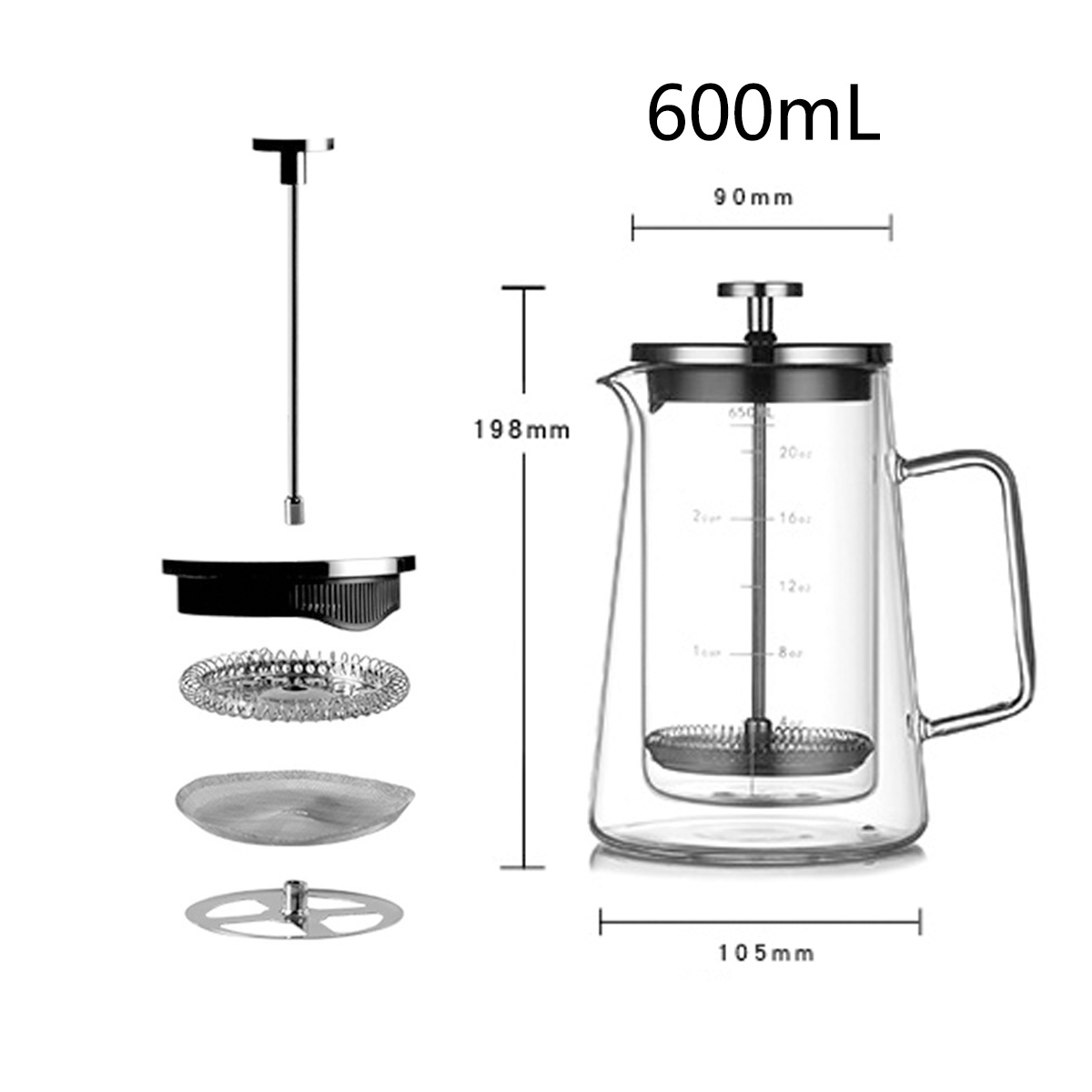 Diagramm eines zerlegten French-Press-Kaffeezubereiters. Teile umfassen eine Glaskaraffe, Metallfilter, Kolben und Maße.